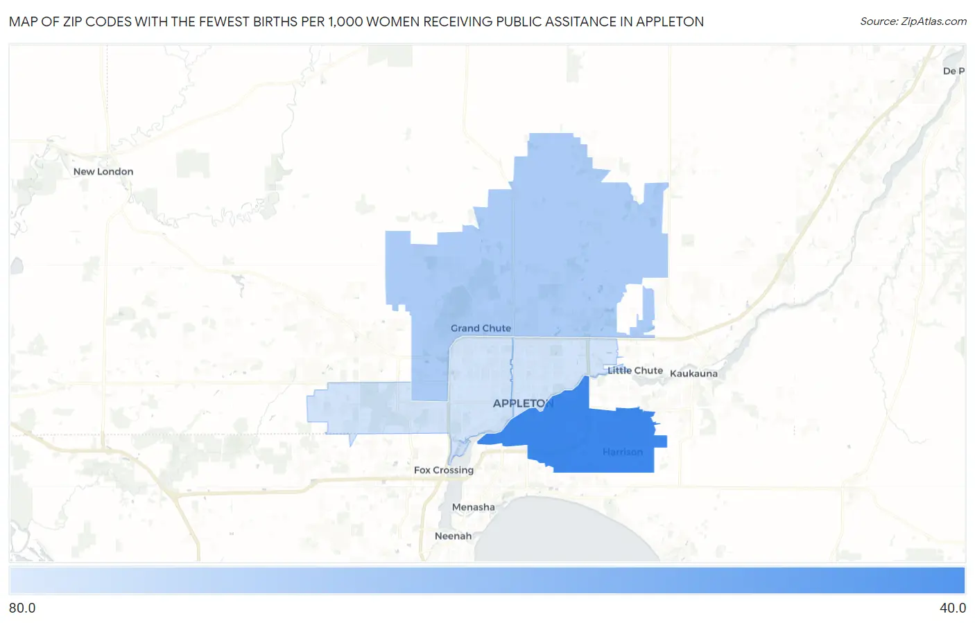 Zip Codes with the Fewest Births per 1,000 Women Receiving Public Assitance in Appleton Map