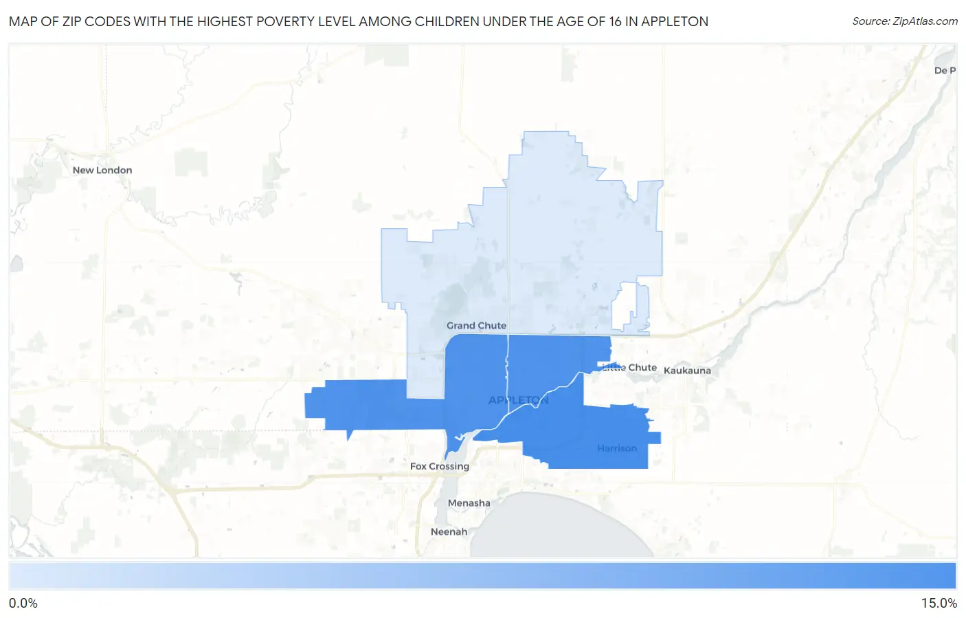Zip Codes with the Highest Poverty Level Among Children Under the Age of 16 in Appleton Map