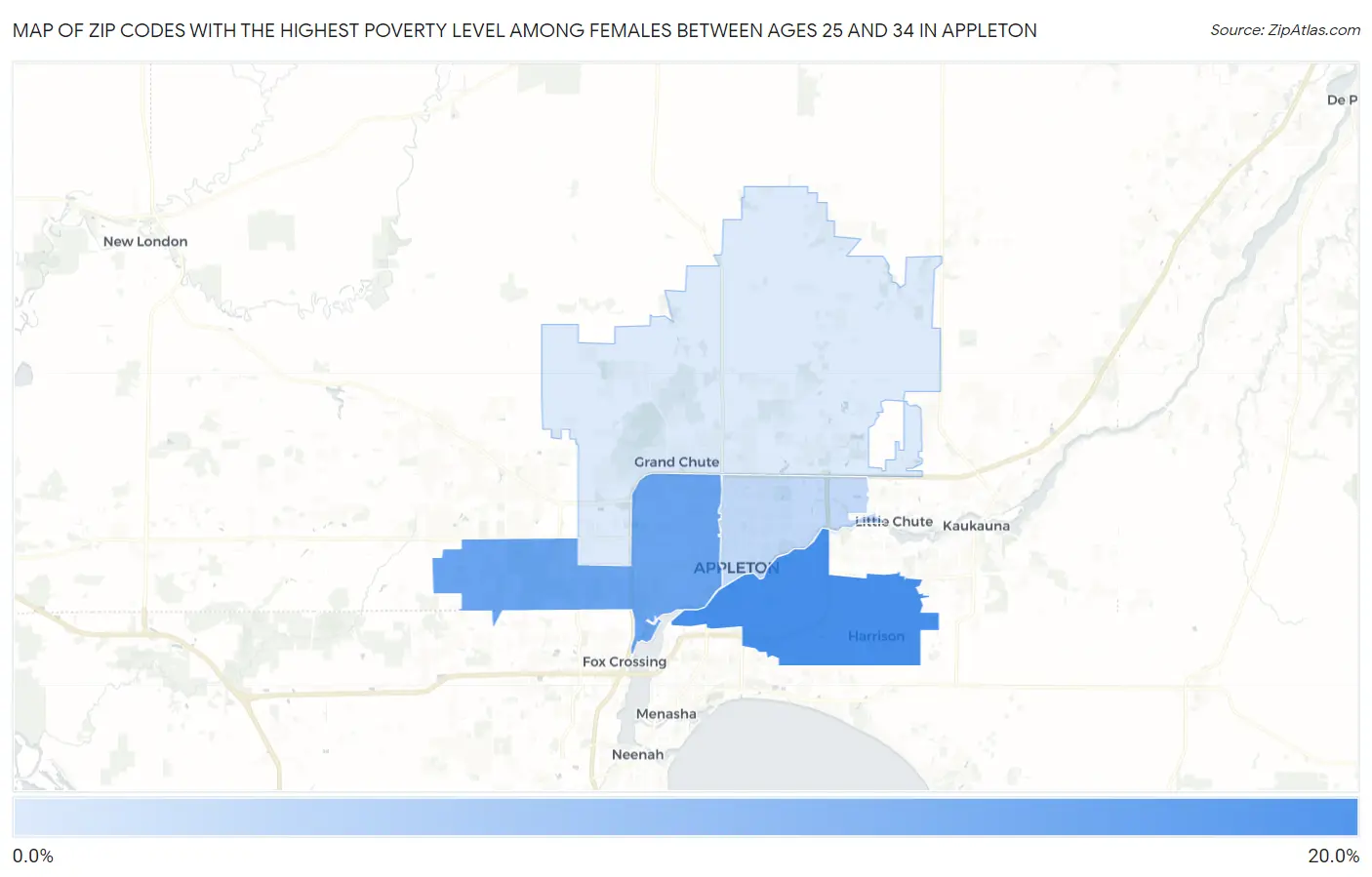 Zip Codes with the Highest Poverty Level Among Females Between Ages 25 and 34 in Appleton Map