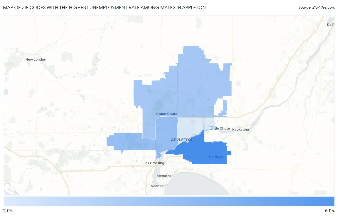 Zip Codes with the Highest Unemployment Rate Among Males in Appleton Map