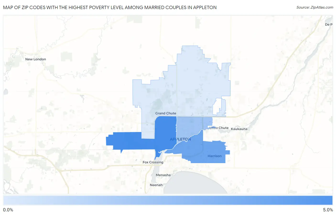 Zip Codes with the Highest Poverty Level Among Married Couples in Appleton Map