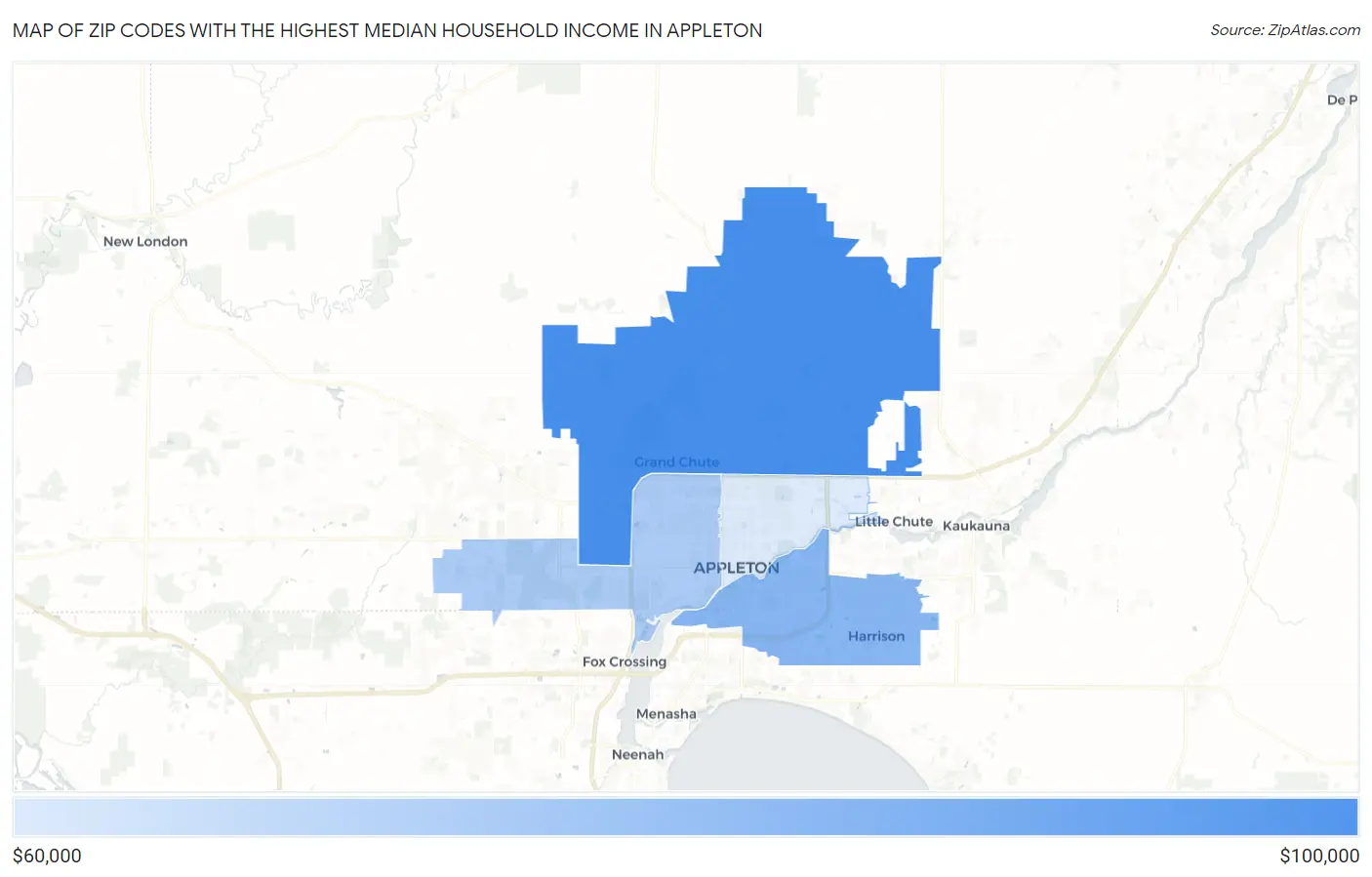 Zip Codes with the Highest Median Household Income in Appleton Map