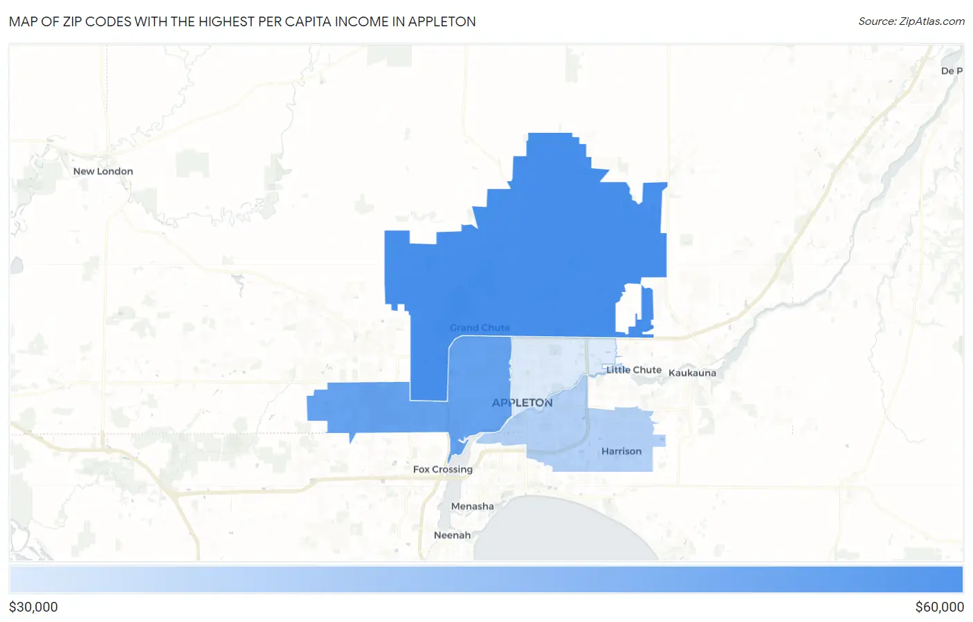 Zip Codes with the Highest Per Capita Income in Appleton Map
