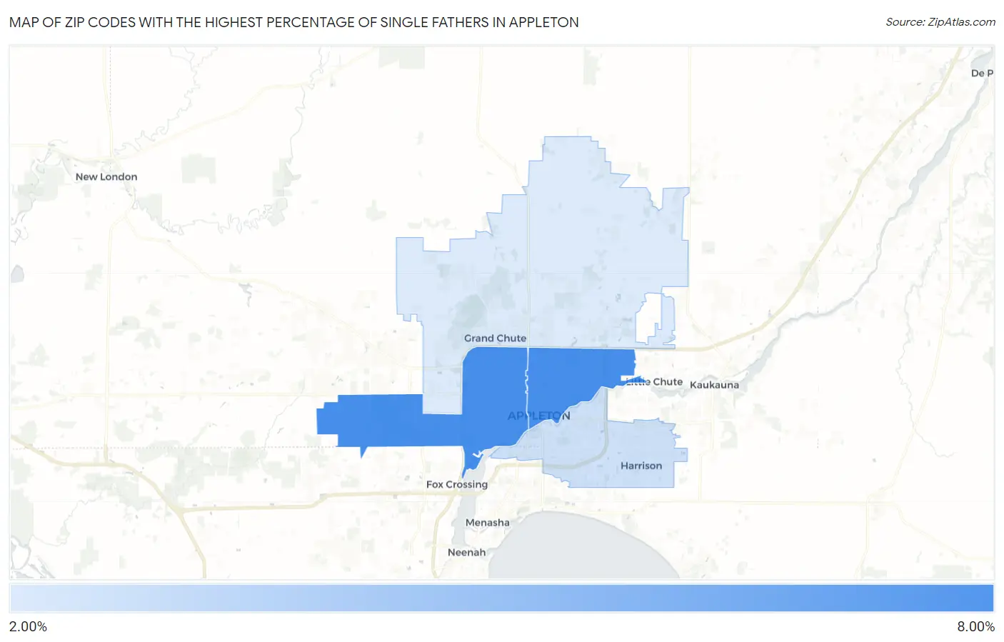 Zip Codes with the Highest Percentage of Single Fathers in Appleton Map