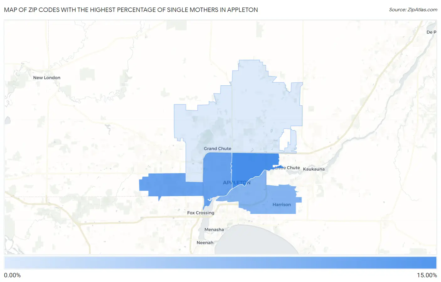 Zip Codes with the Highest Percentage of Single Mothers in Appleton Map
