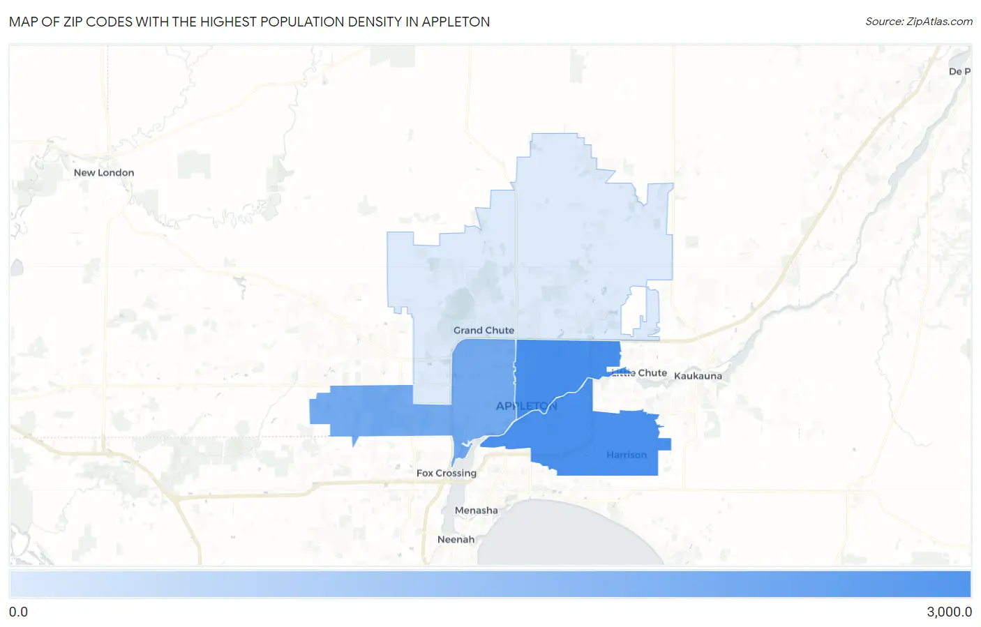 Zip Codes with the Highest Population Density in Appleton Map
