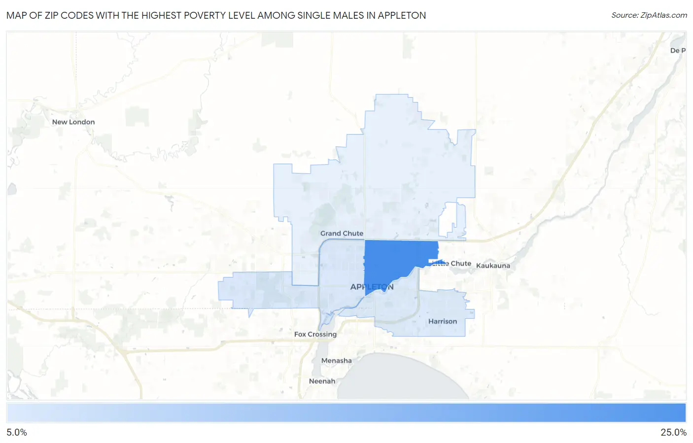 Zip Codes with the Highest Poverty Level Among Single Males in Appleton Map