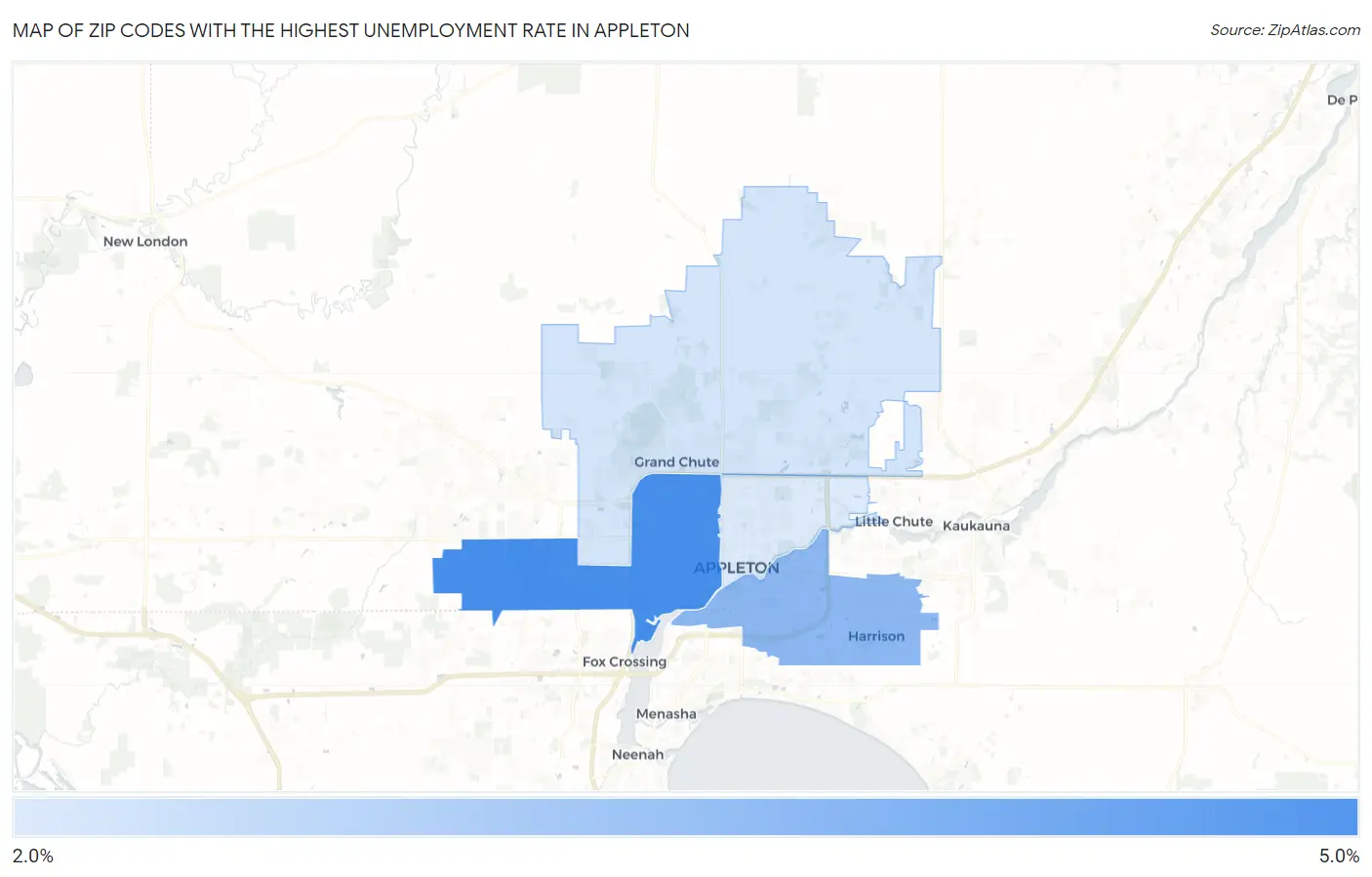 Zip Codes with the Highest Unemployment Rate in Appleton Map