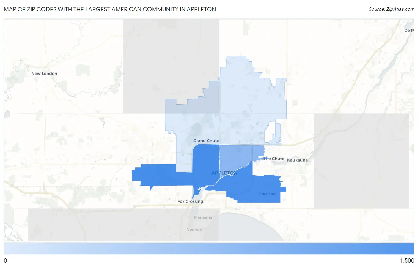 Zip Codes with the Largest American Community in Appleton Map