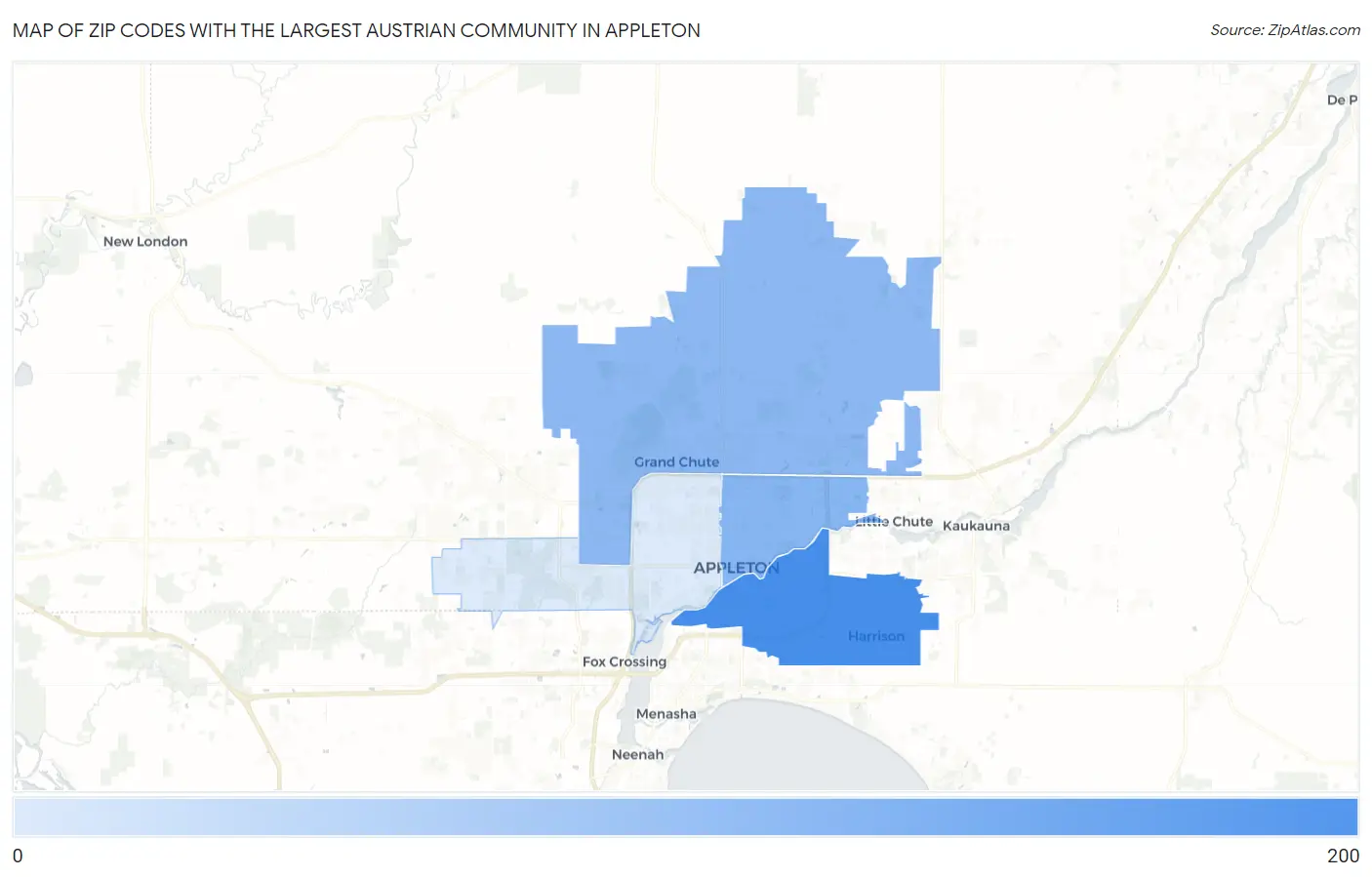 Zip Codes with the Largest Austrian Community in Appleton Map