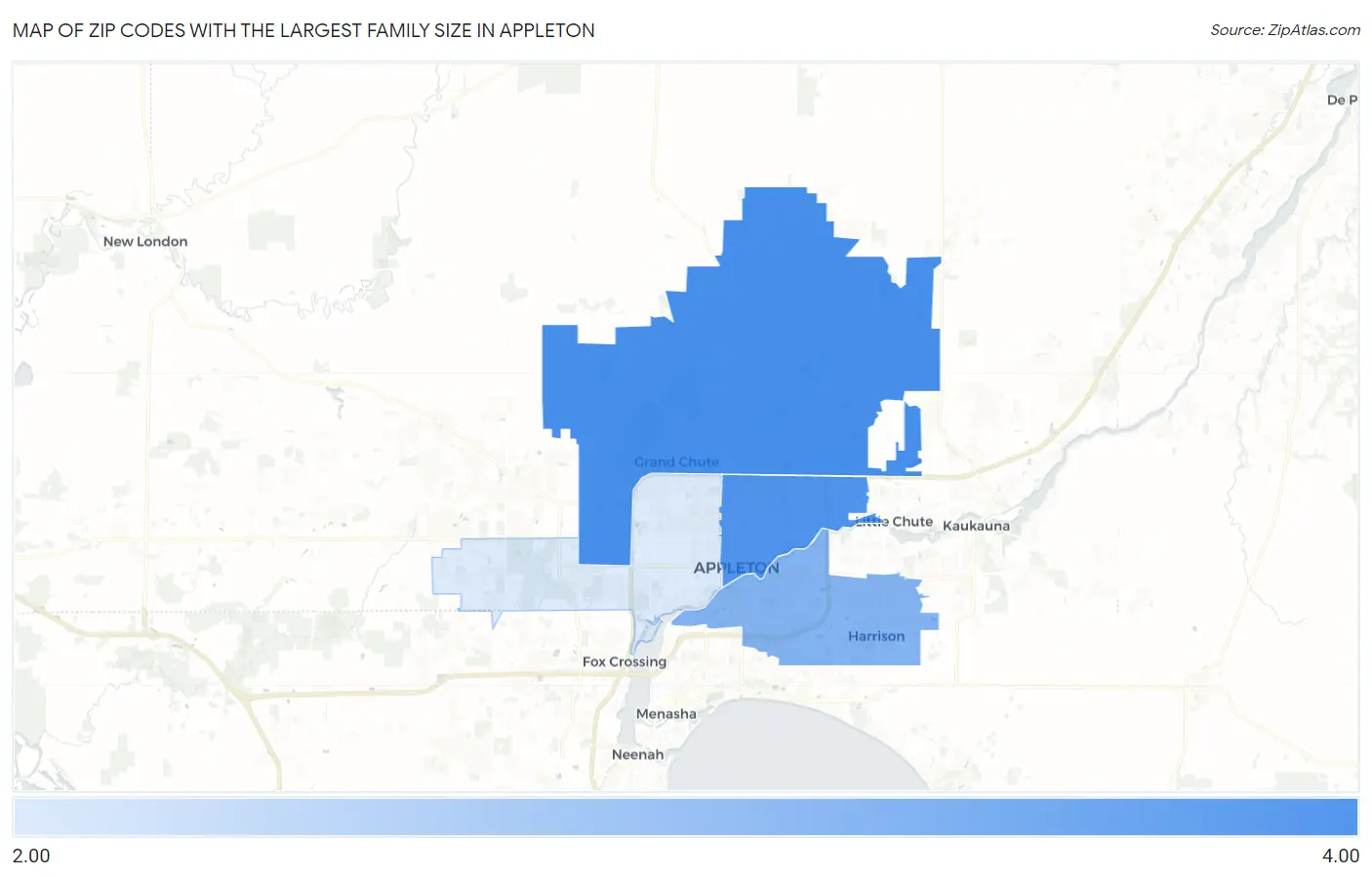Zip Codes with the Largest Family Size in Appleton Map