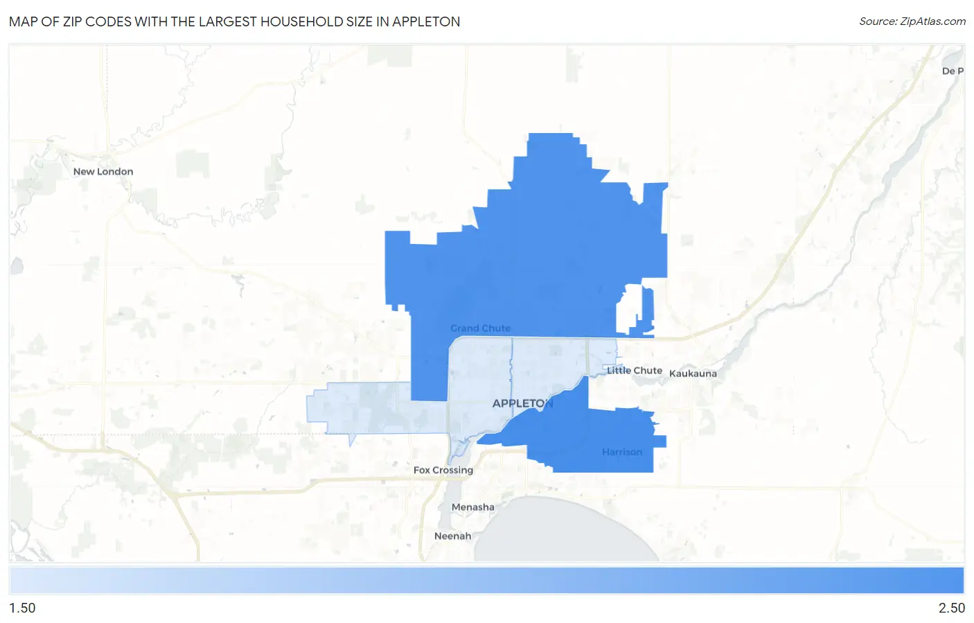 Zip Codes with the Largest Household Size in Appleton Map