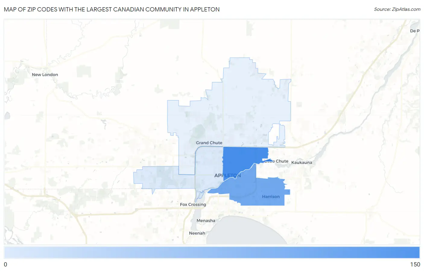 Zip Codes with the Largest Canadian Community in Appleton Map