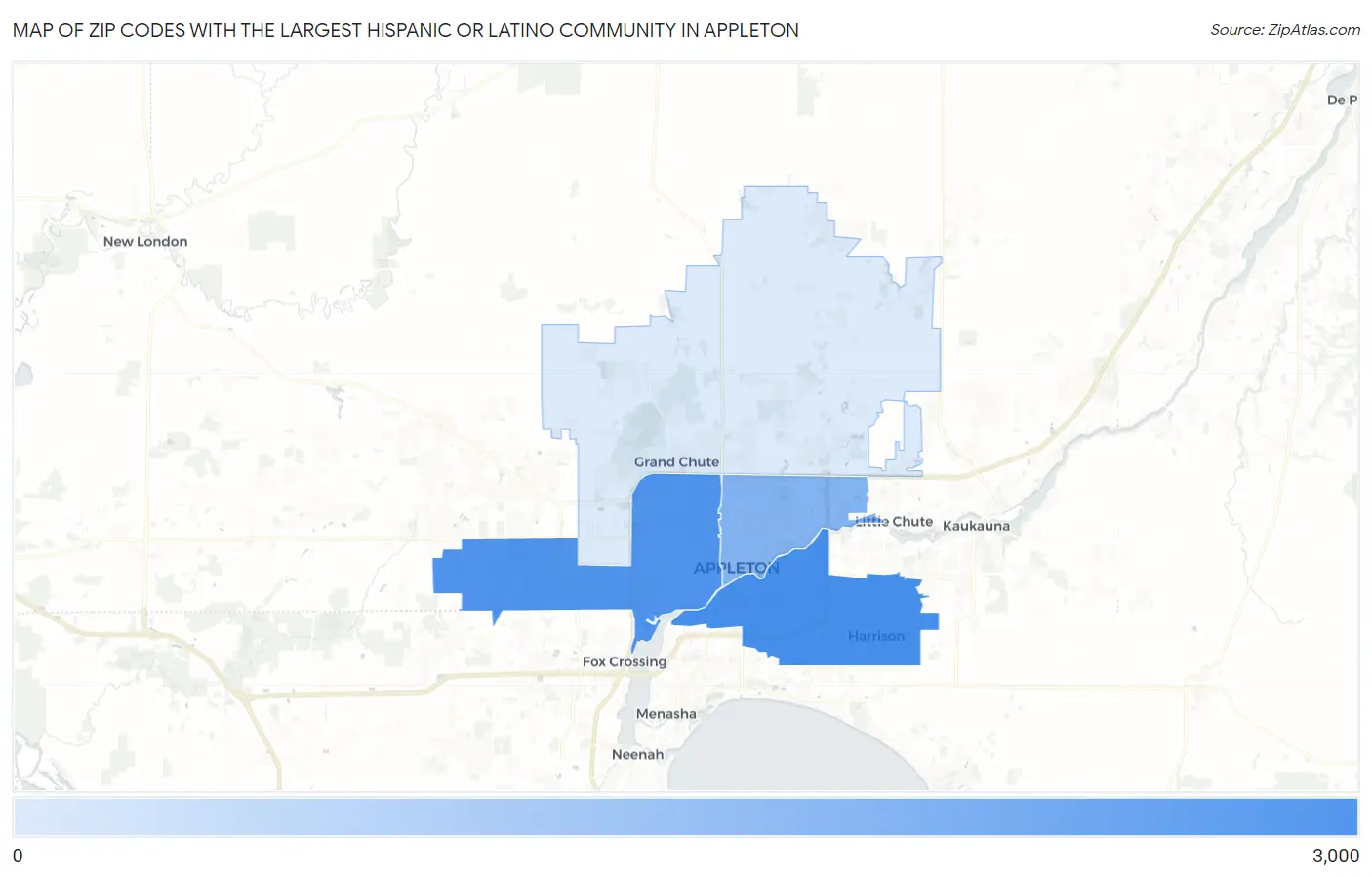 Zip Codes with the Largest Hispanic or Latino Community in Appleton Map