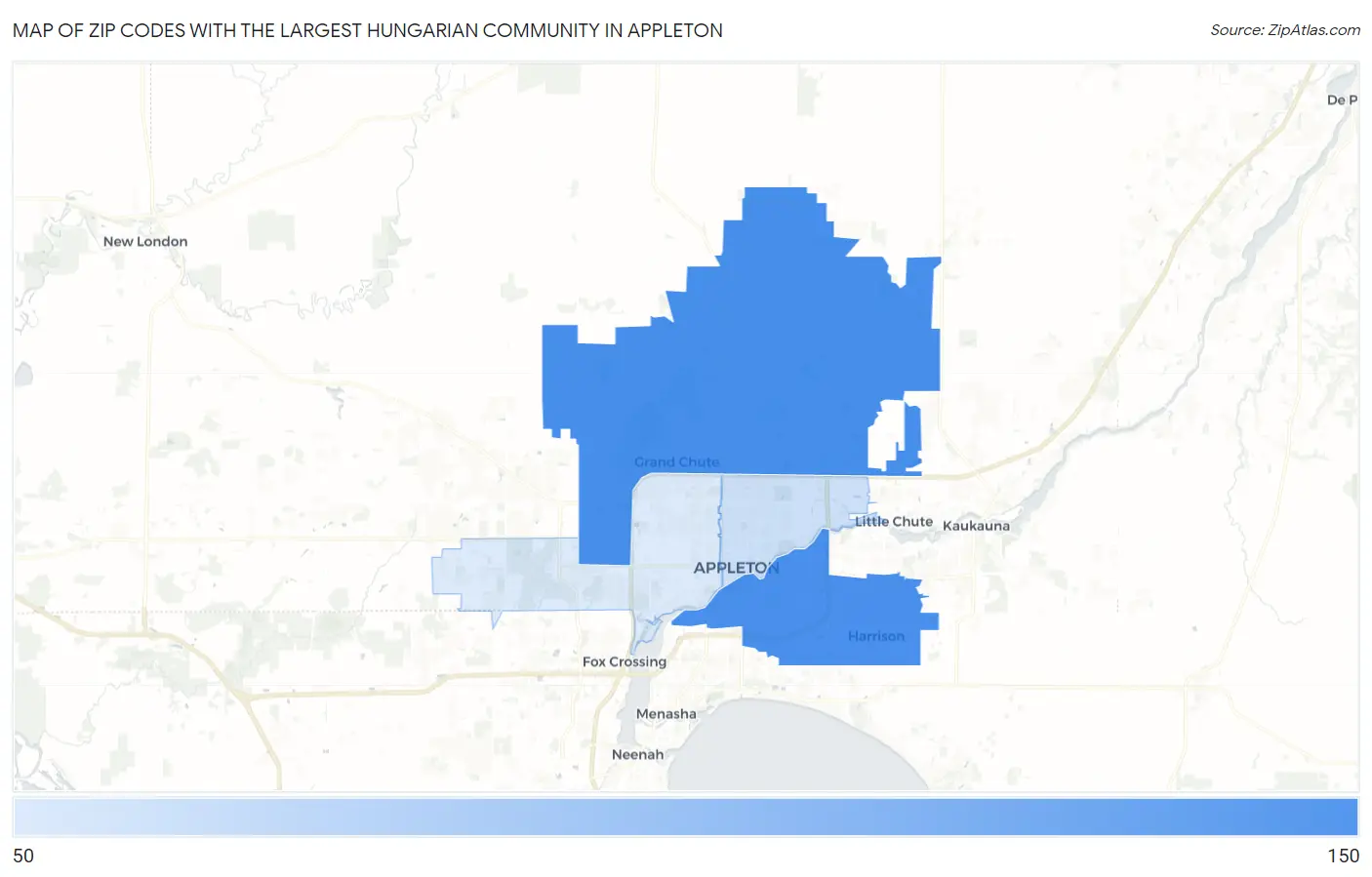 Zip Codes with the Largest Hungarian Community in Appleton Map