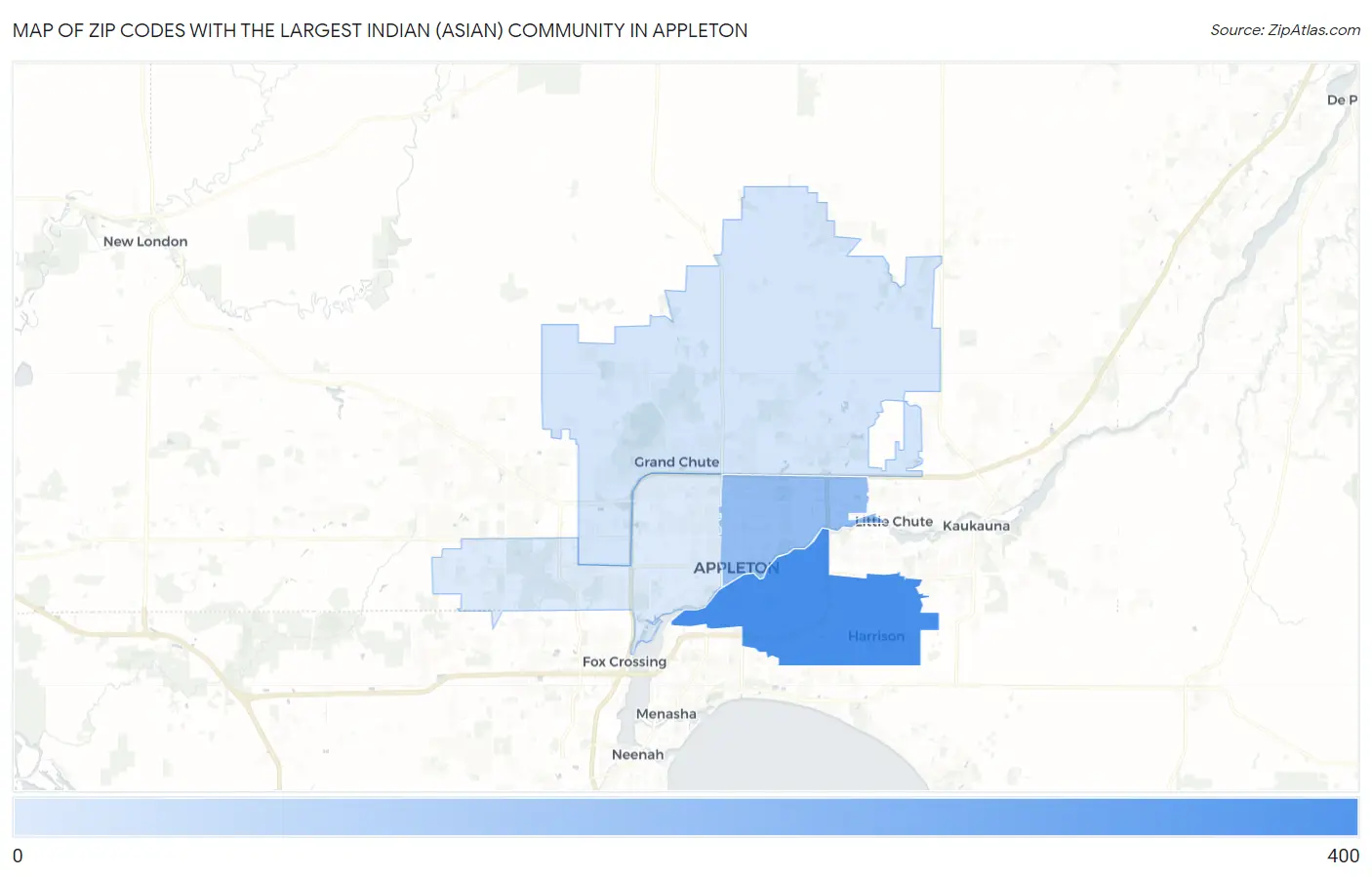 Zip Codes with the Largest Indian (Asian) Community in Appleton Map
