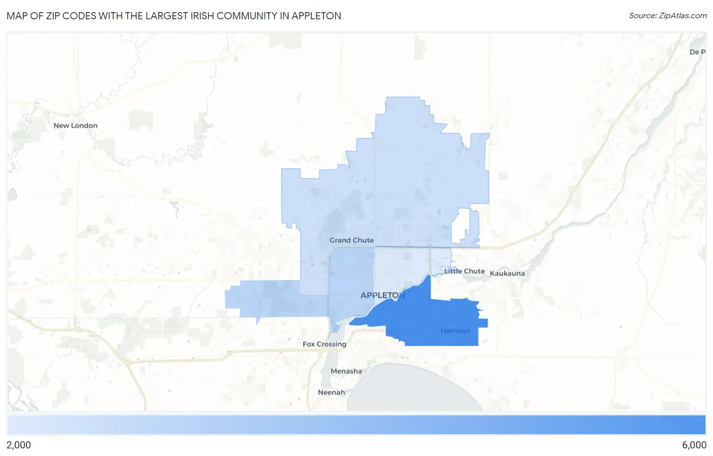 Zip Codes with the Largest Irish Community in Appleton Map