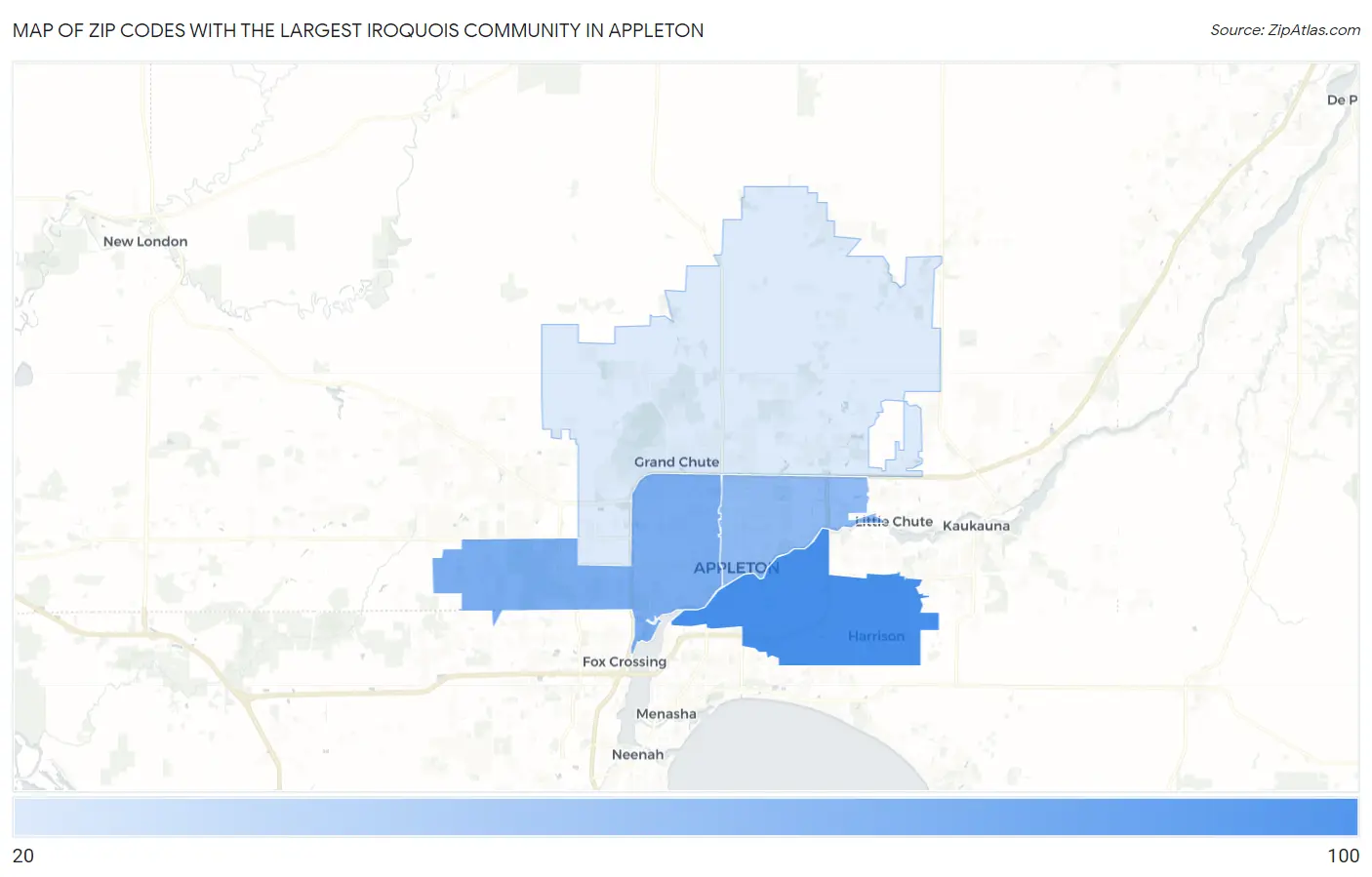 Zip Codes with the Largest Iroquois Community in Appleton Map