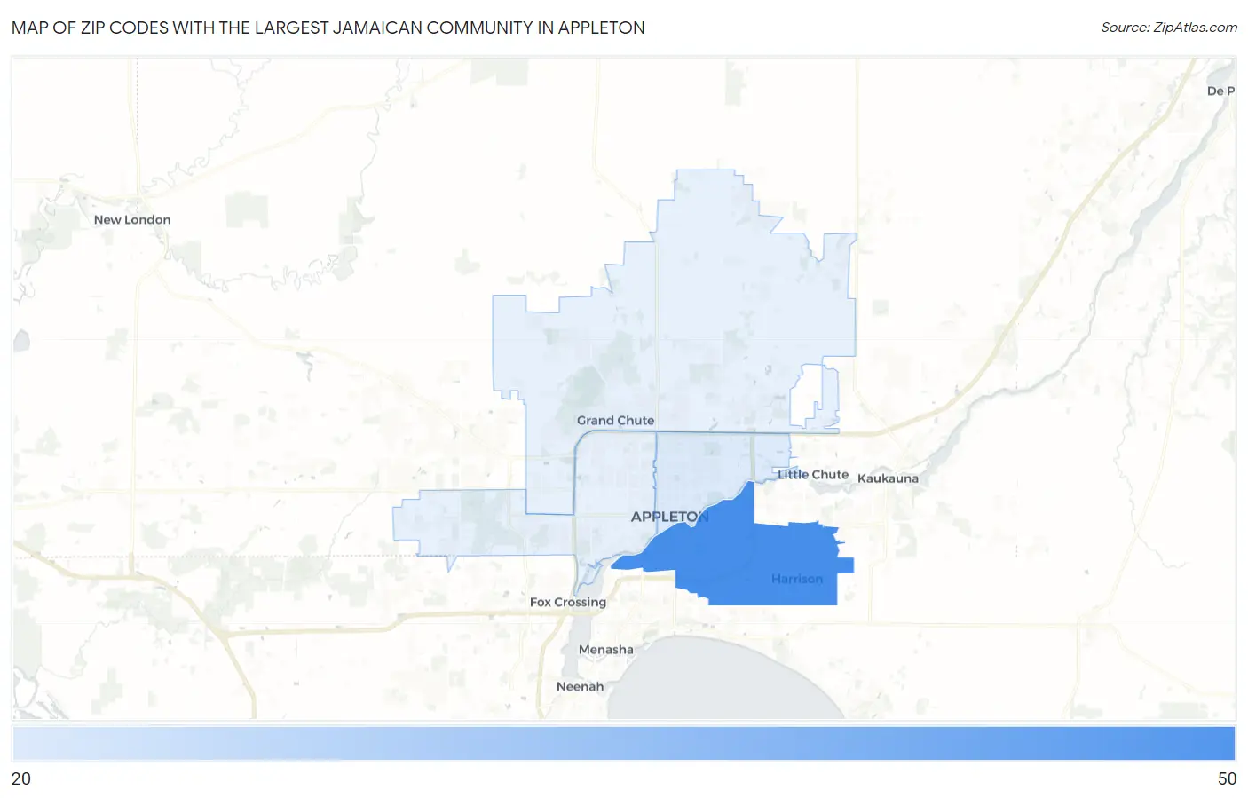 Zip Codes with the Largest Jamaican Community in Appleton Map