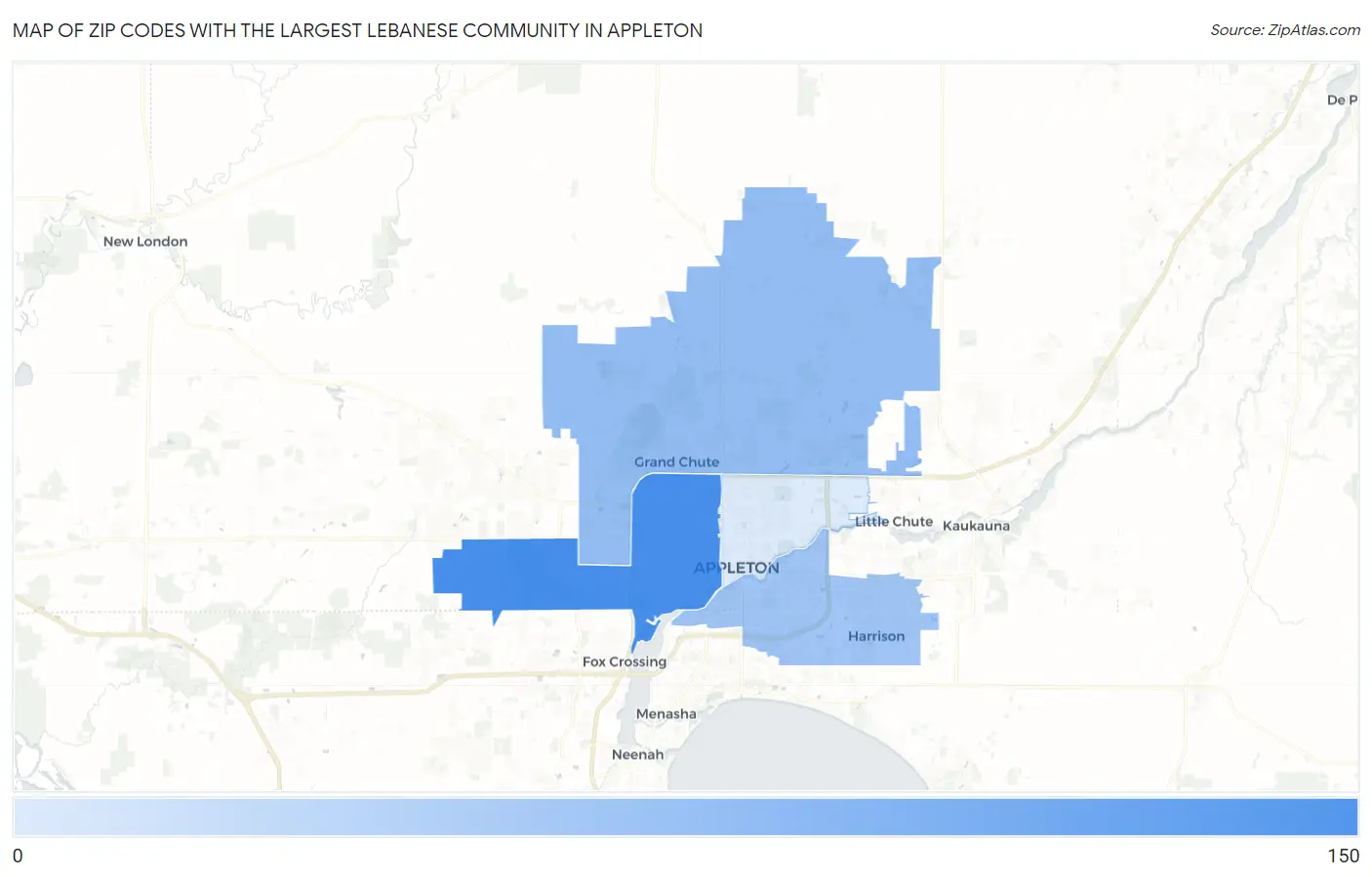 Zip Codes with the Largest Lebanese Community in Appleton Map