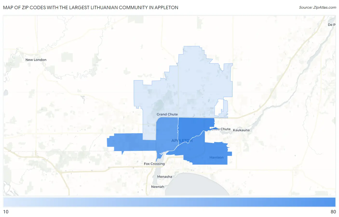 Zip Codes with the Largest Lithuanian Community in Appleton Map