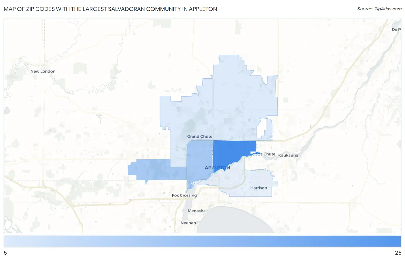 Zip Codes with the Largest Salvadoran Community in Appleton Map