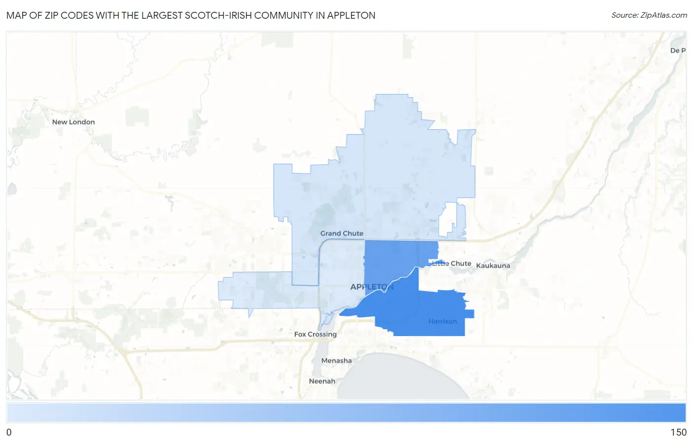 Zip Codes with the Largest Scotch-Irish Community in Appleton Map
