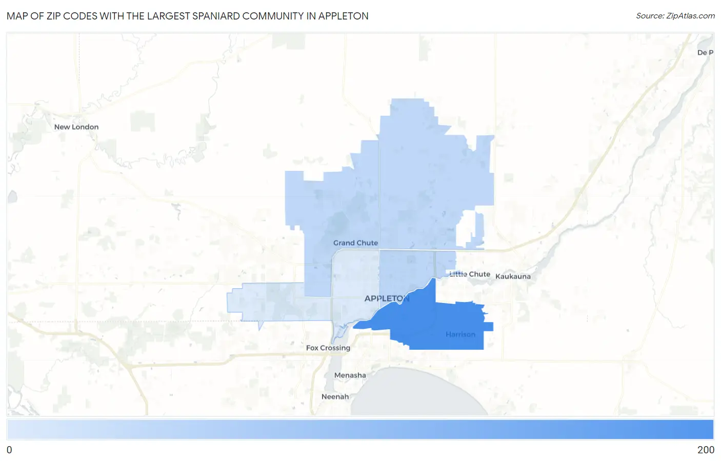Zip Codes with the Largest Spaniard Community in Appleton Map