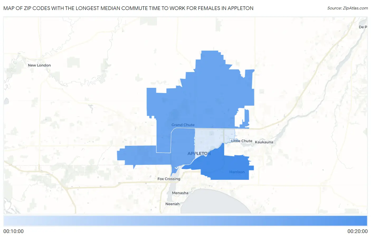 Zip Codes with the Longest Median Commute Time to Work for Females in Appleton Map