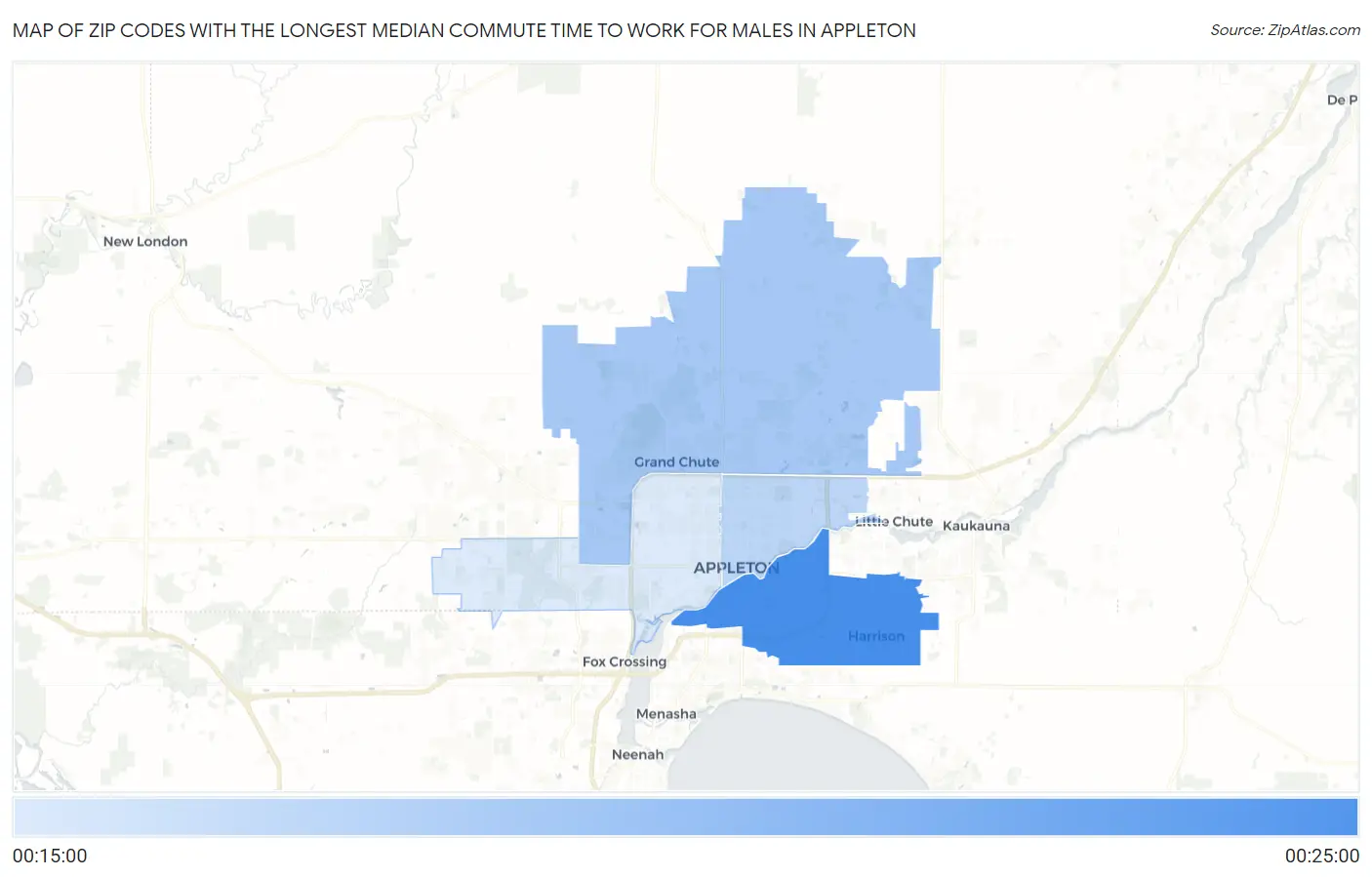 Zip Codes with the Longest Median Commute Time to Work for Males in Appleton Map