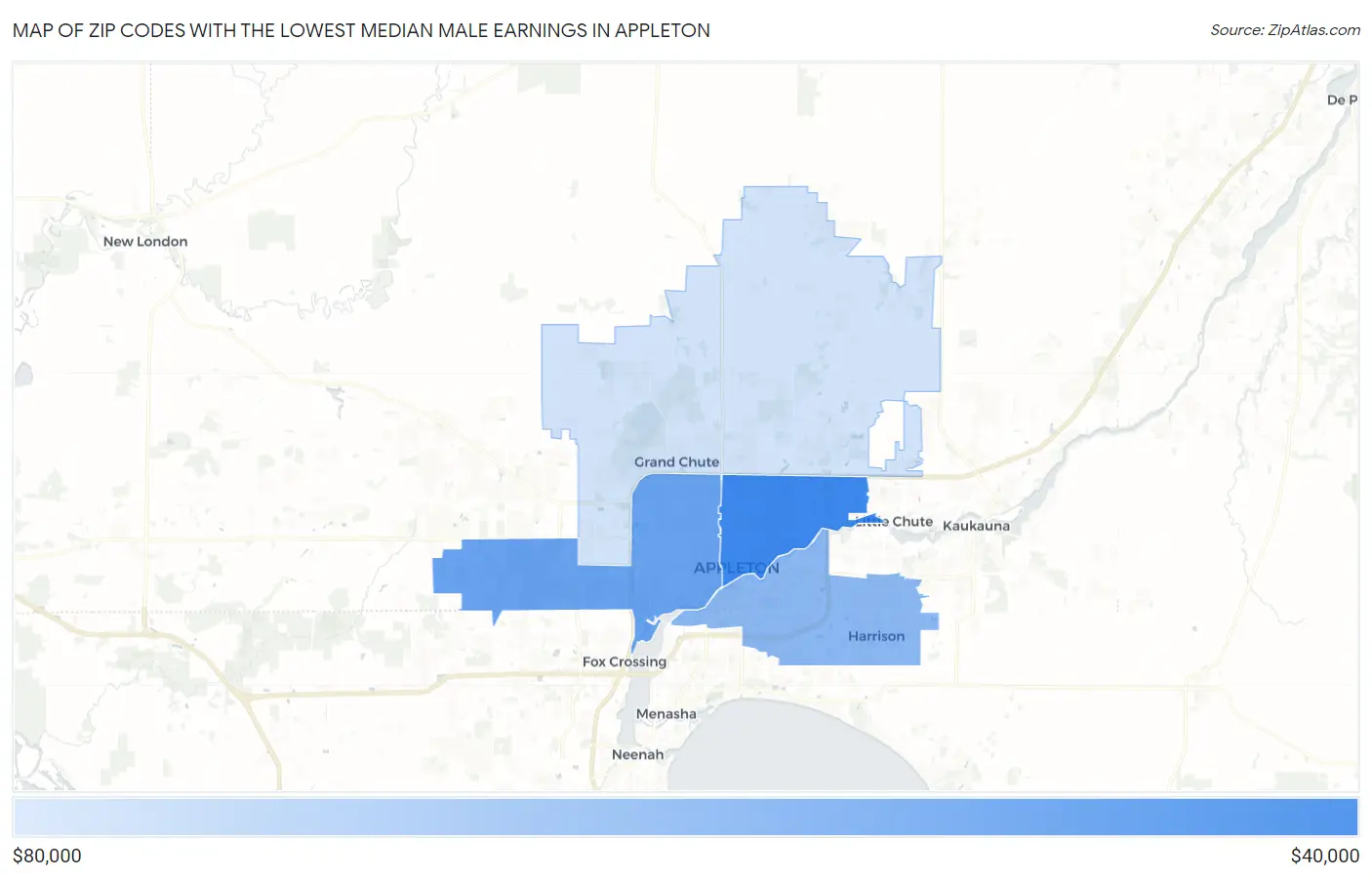 Zip Codes with the Lowest Median Male Earnings in Appleton Map