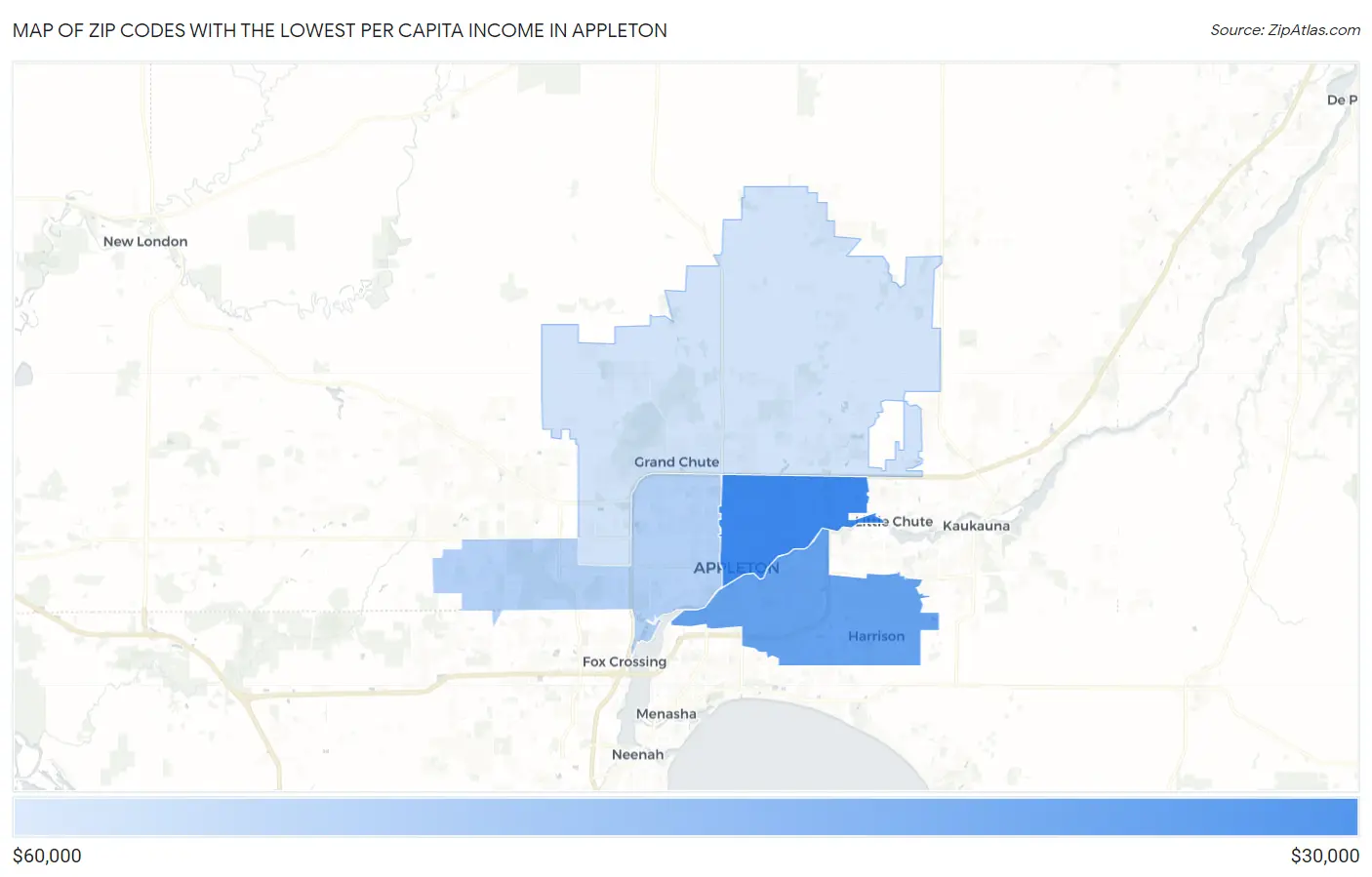 Zip Codes with the Lowest Per Capita Income in Appleton Map