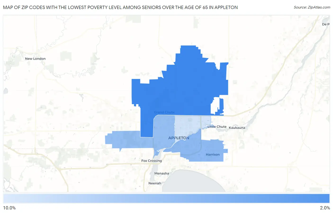 Zip Codes with the Lowest Poverty Level Among Seniors Over the Age of 65 in Appleton Map