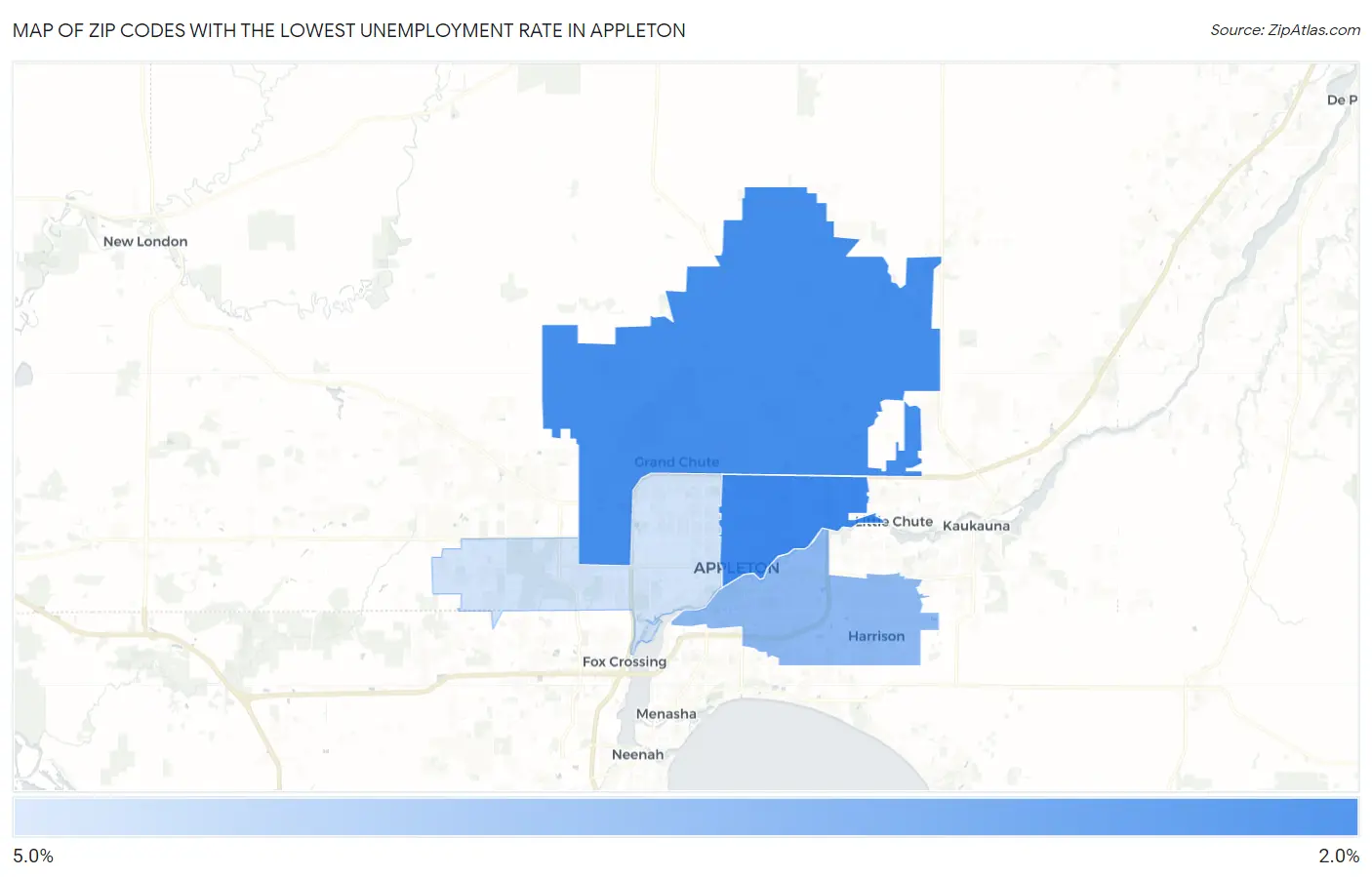 Zip Codes with the Lowest Unemployment Rate in Appleton Map