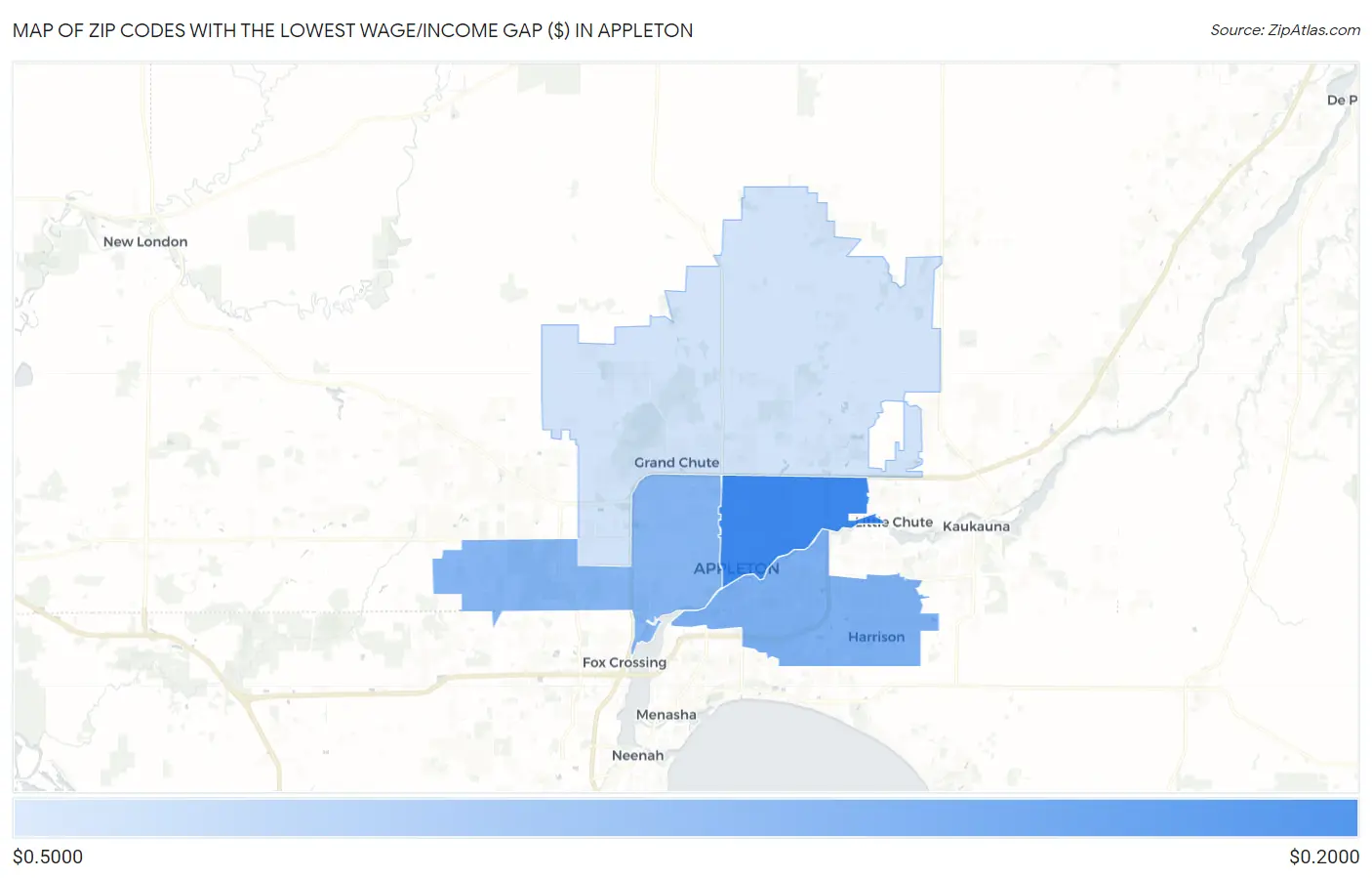 Zip Codes with the Lowest Wage/Income Gap ($) in Appleton Map