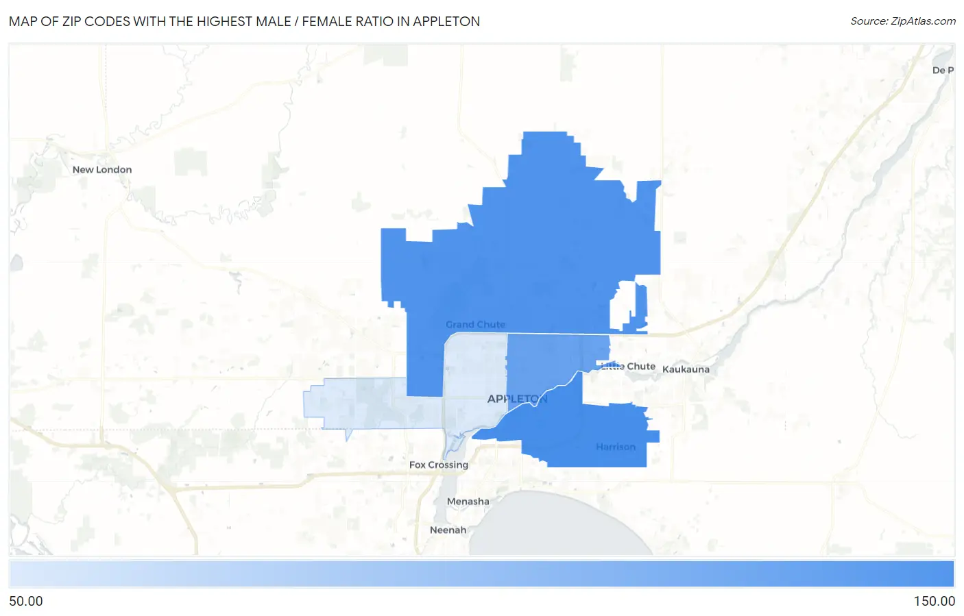 Zip Codes with the Highest Male / Female Ratio in Appleton Map