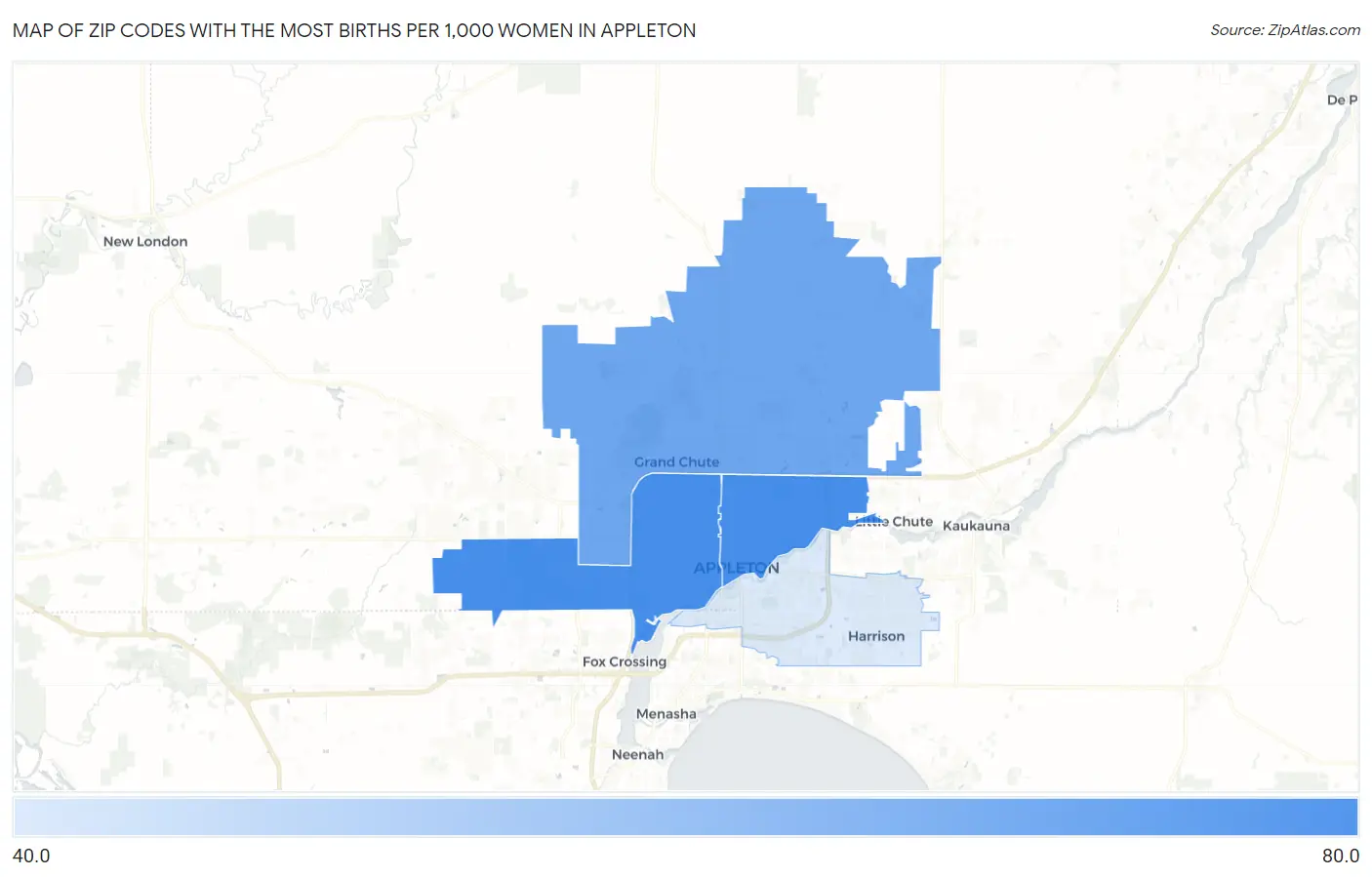 Zip Codes with the Most Births per 1,000 Women in Appleton Map
