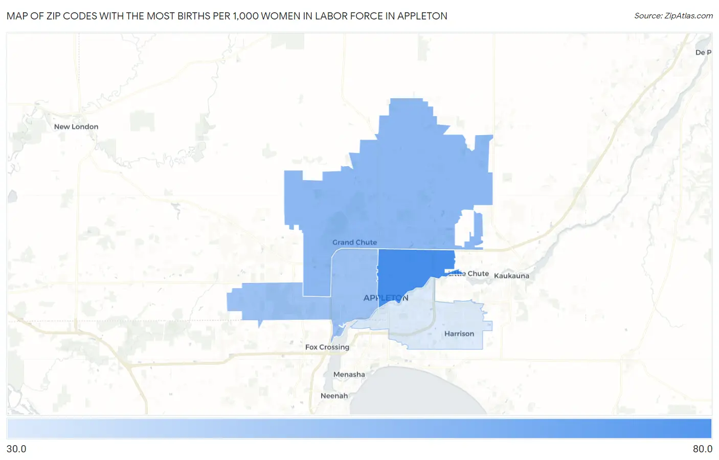 Zip Codes with the Most Births per 1,000 Women in Labor Force in Appleton Map
