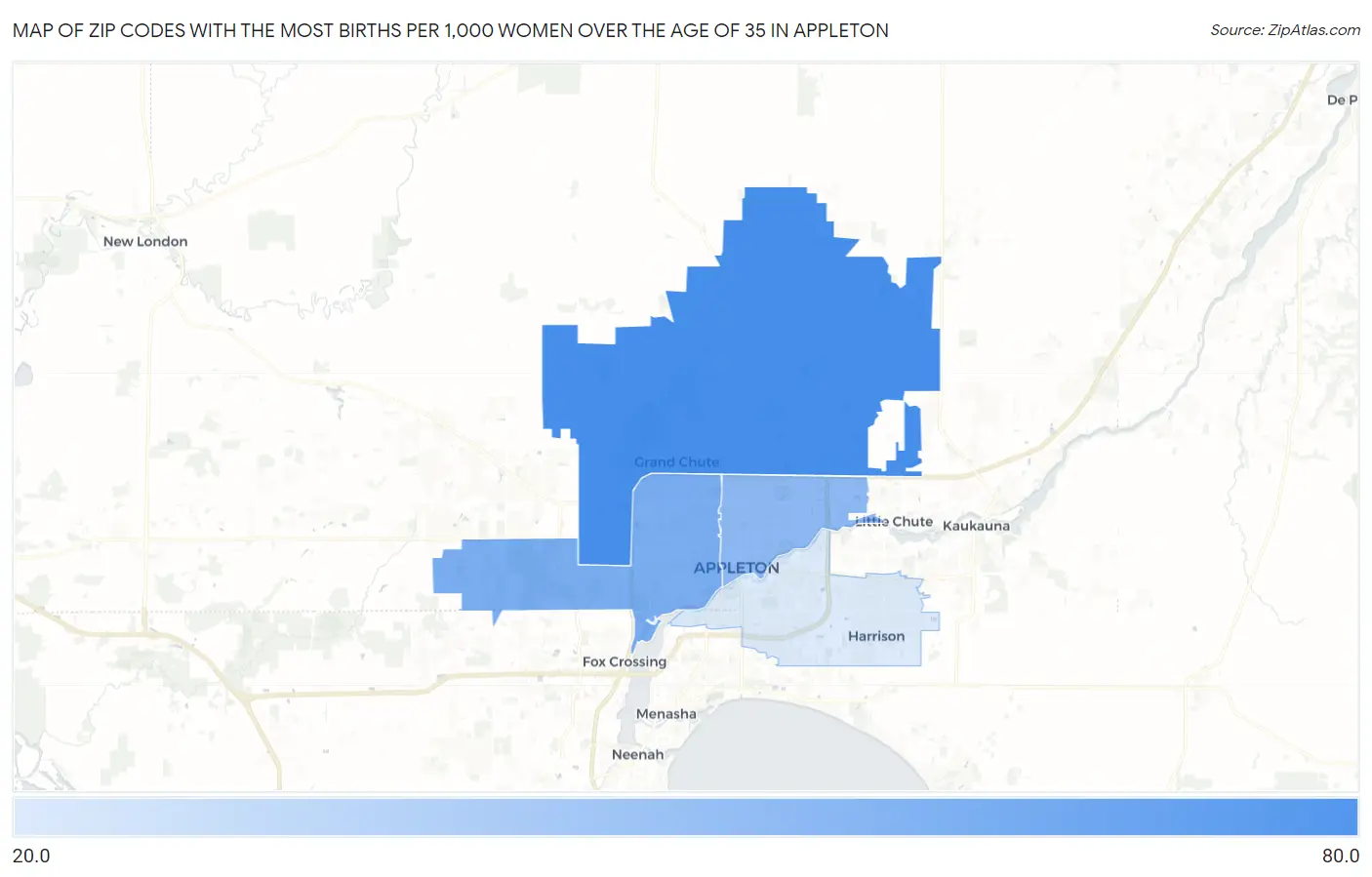 Zip Codes with the Most Births per 1,000 Women Over the Age of 35 in Appleton Map