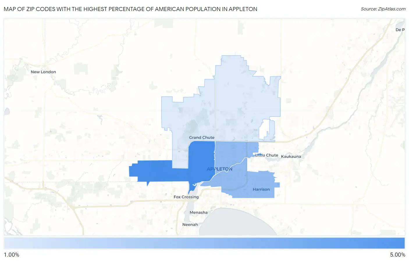 Zip Codes with the Highest Percentage of American Population in Appleton Map