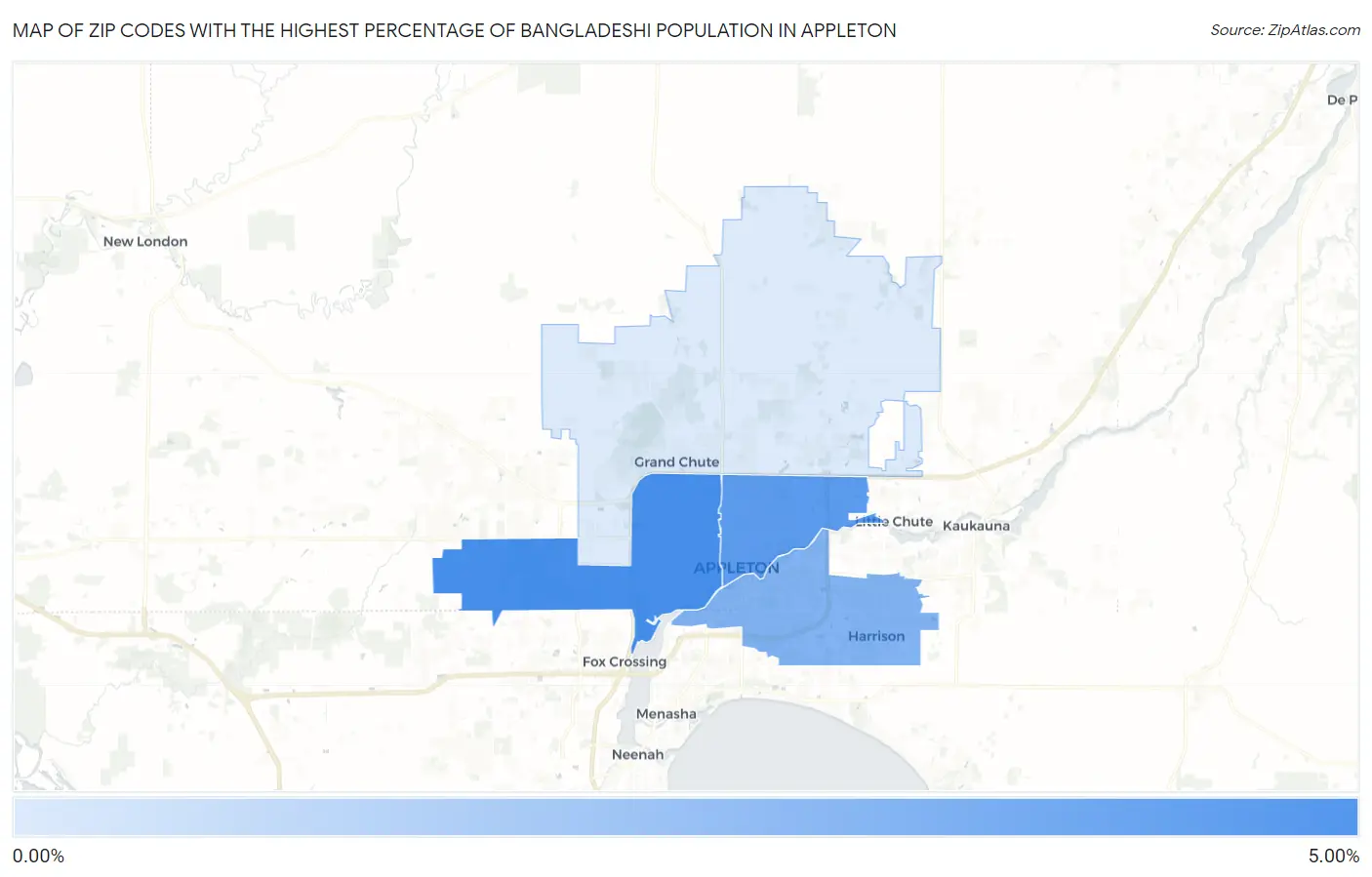 Zip Codes with the Highest Percentage of Bangladeshi Population in Appleton Map
