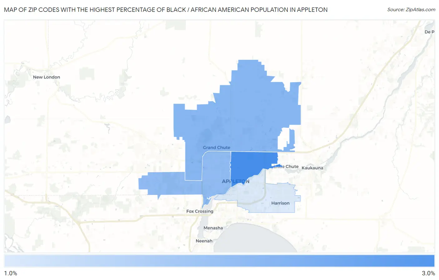 Zip Codes with the Highest Percentage of Black / African American Population in Appleton Map