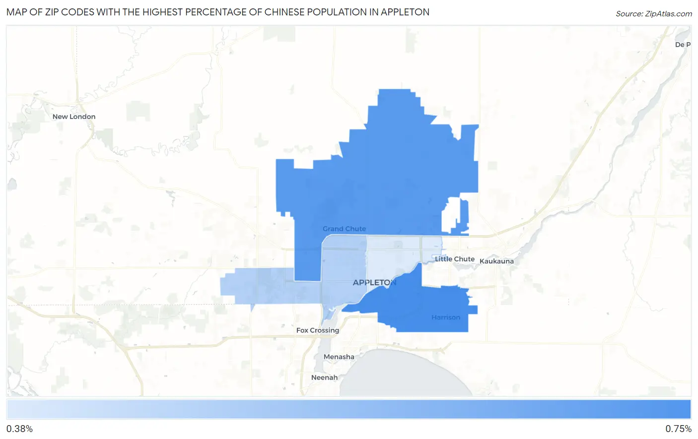 Zip Codes with the Highest Percentage of Chinese Population in Appleton Map