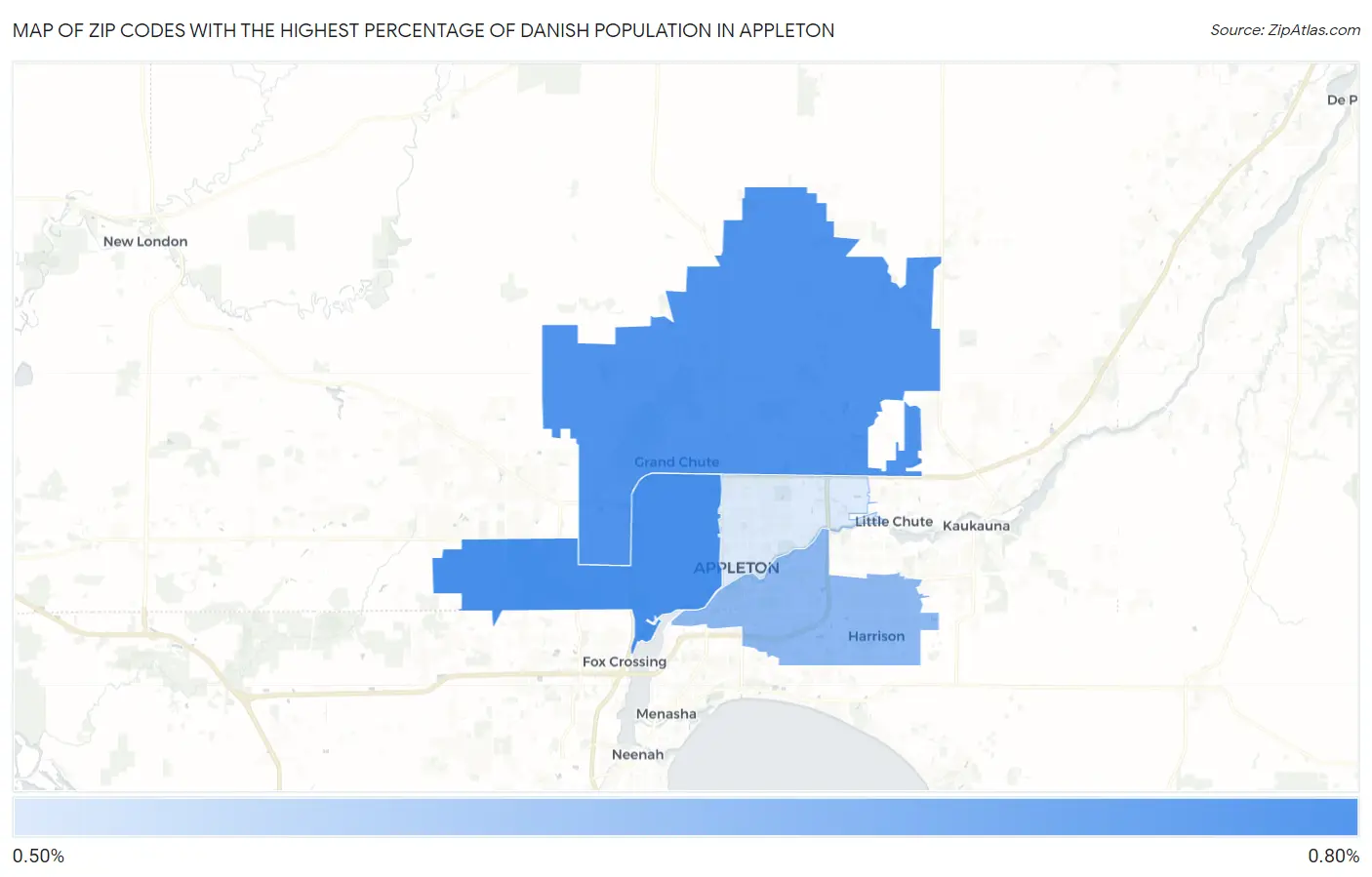 Zip Codes with the Highest Percentage of Danish Population in Appleton Map