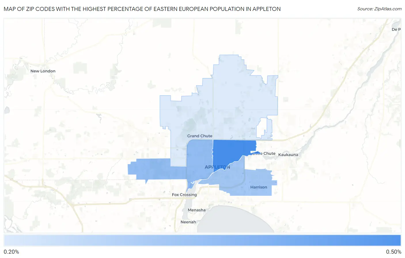 Zip Codes with the Highest Percentage of Eastern European Population in Appleton Map
