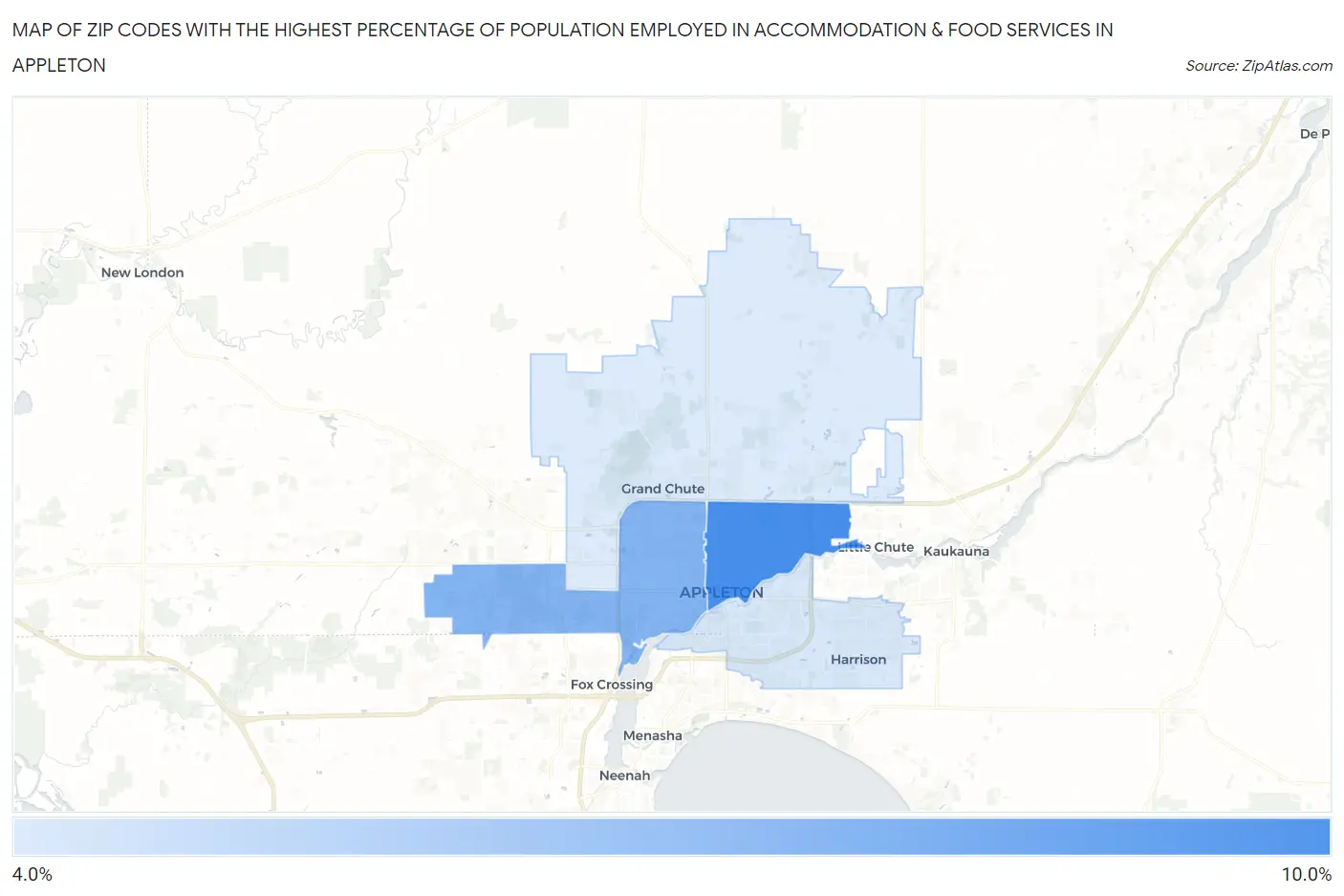 Zip Codes with the Highest Percentage of Population Employed in Accommodation & Food Services in Appleton Map