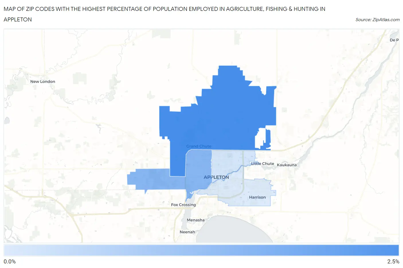 Zip Codes with the Highest Percentage of Population Employed in Agriculture, Fishing & Hunting in Appleton Map