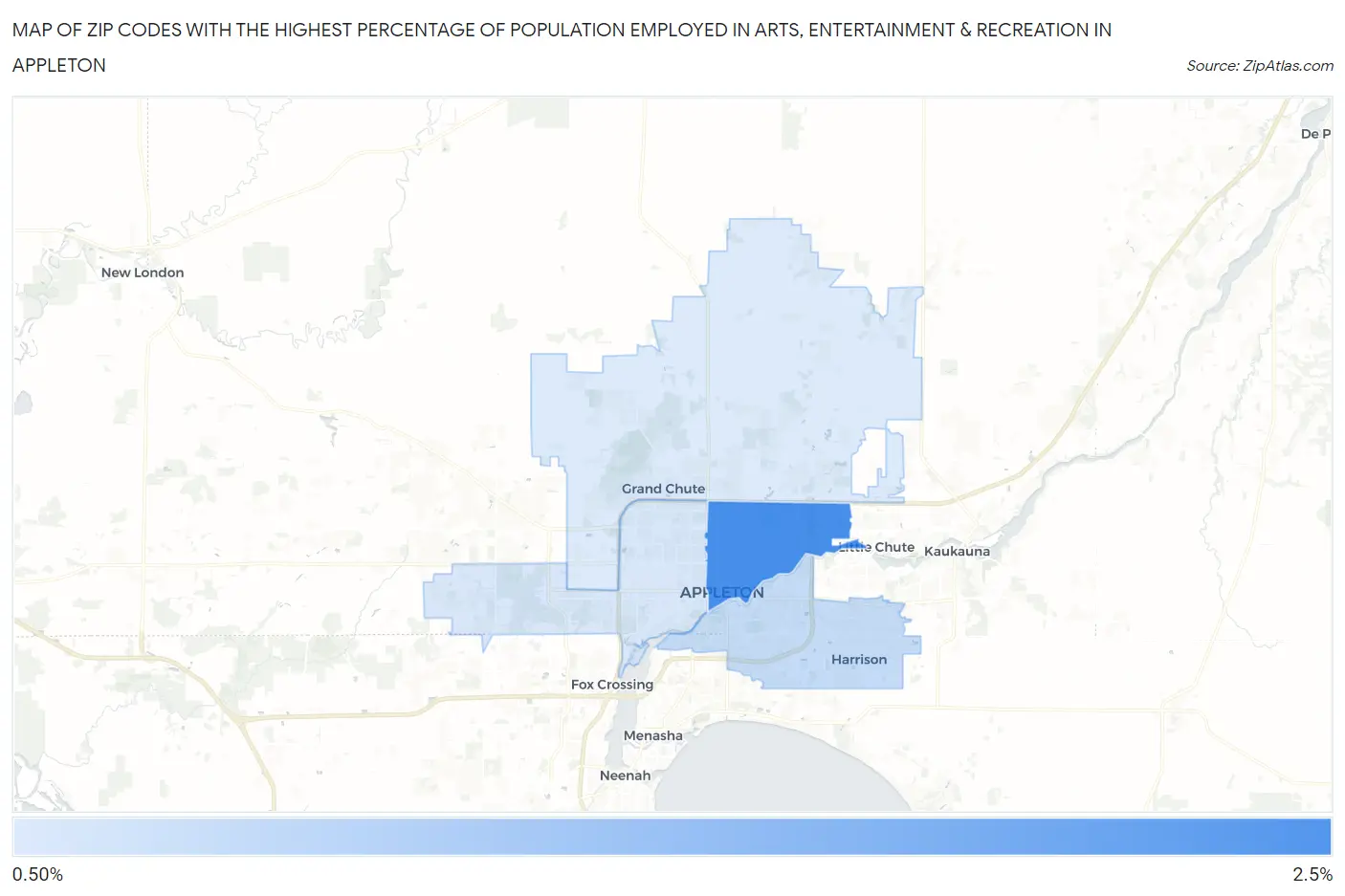Zip Codes with the Highest Percentage of Population Employed in Arts, Entertainment & Recreation in Appleton Map