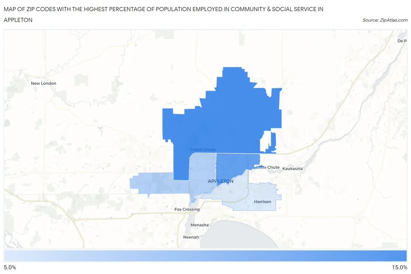 Zip Codes with the Highest Percentage of Population Employed in Community & Social Service  in Appleton Map
