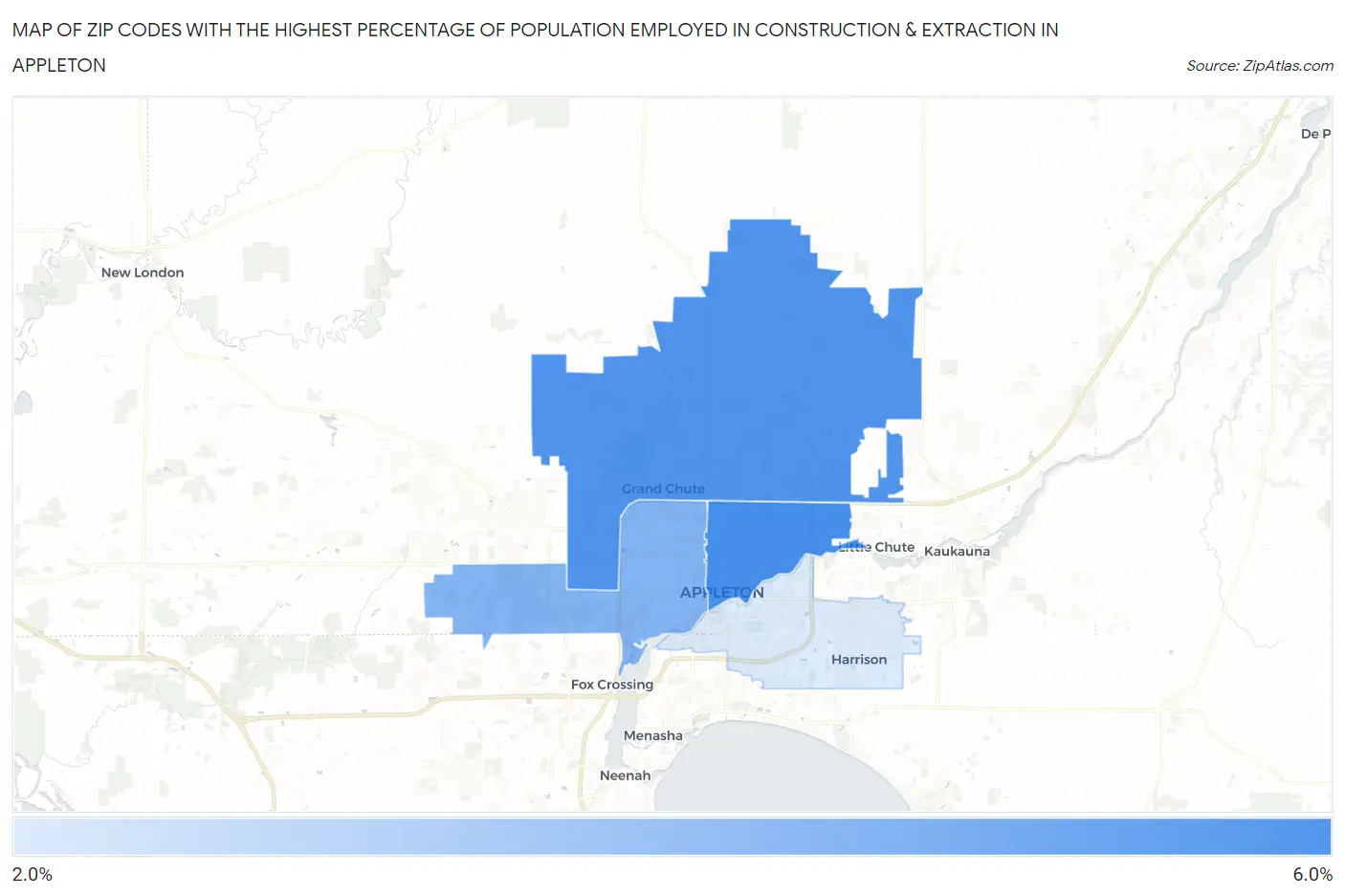 Zip Codes with the Highest Percentage of Population Employed in Construction & Extraction in Appleton Map